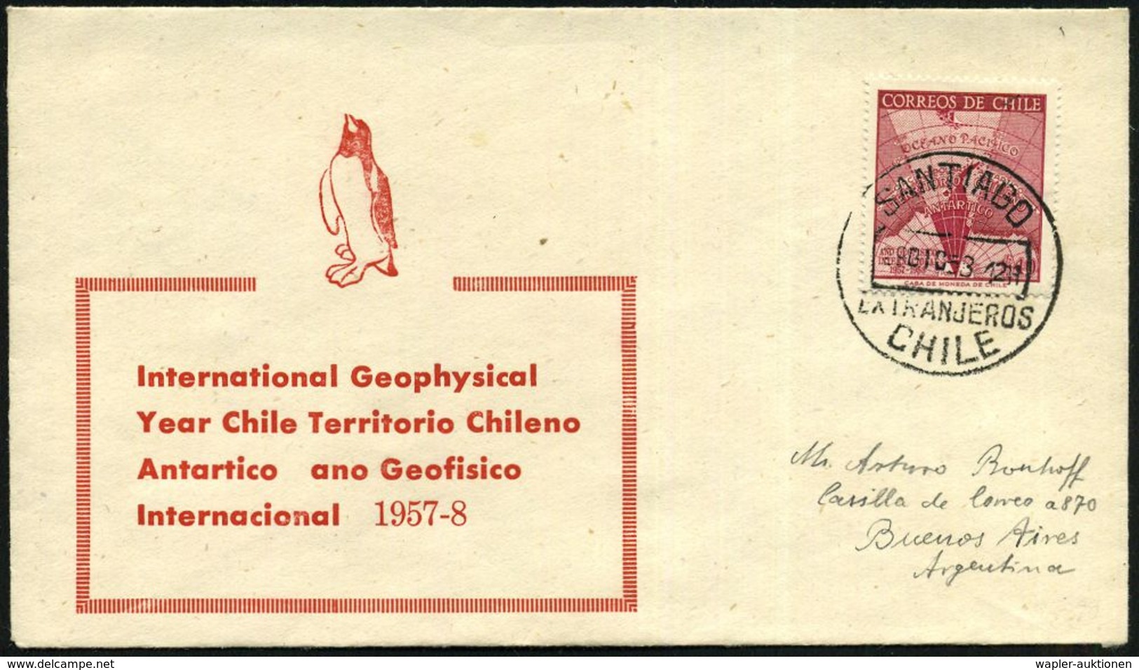 CHILE 1958 (29.12.) 40 P. "Internat. Geophysikalisches Jahr", EF + 1K: SANTIAGO , Klar Gest. Inl.-SU.: Internat. Geophys - Antarctic Expeditions