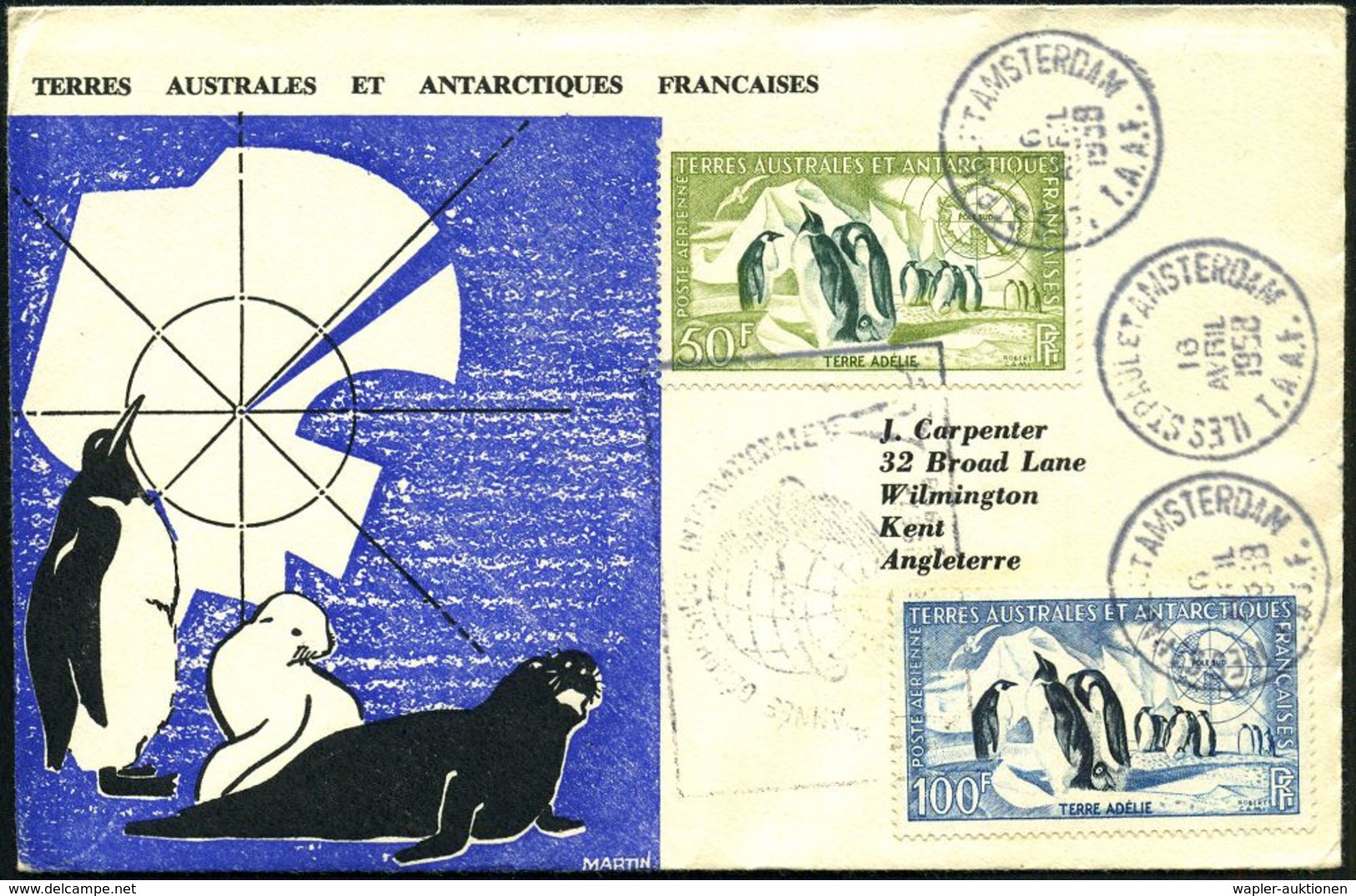 FRANZÖS.ANTARKTIS 1958 (18.4.) "Kaiserpinguine", Kompl. Satz + 3x 1K: ILES ST. PAUL ET AMSTERDAM/T.A.A.F. = 1. Verwendun - Antarctische Expedities