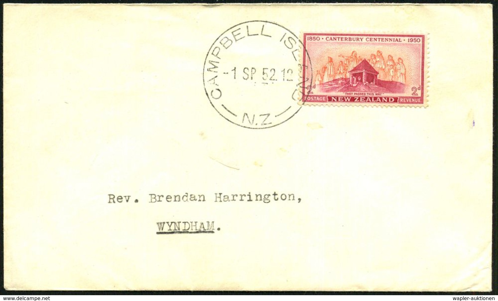 NEUSEELAND 1952 (1.9.) 1K: CAMPBELL ISLAND/N.Z. = Antaktische Meteorologische Station , Klar Gest., Früher Bedarfs-Bf. ( - Antarctic Expeditions