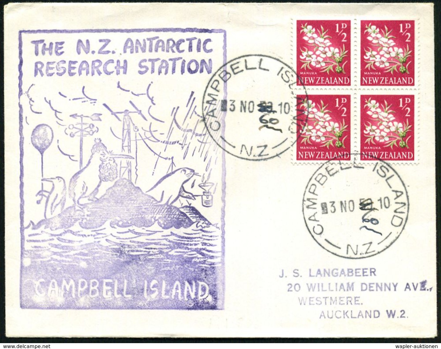 NEUSEELAND 1960 (3.11.) 1K: CAMPBELL ISLAND/N.Z. = Meteorolog., Antaktische Station, 2x Mit Hs. Datums-Korrektur + Viol. - Expéditions Antarctiques