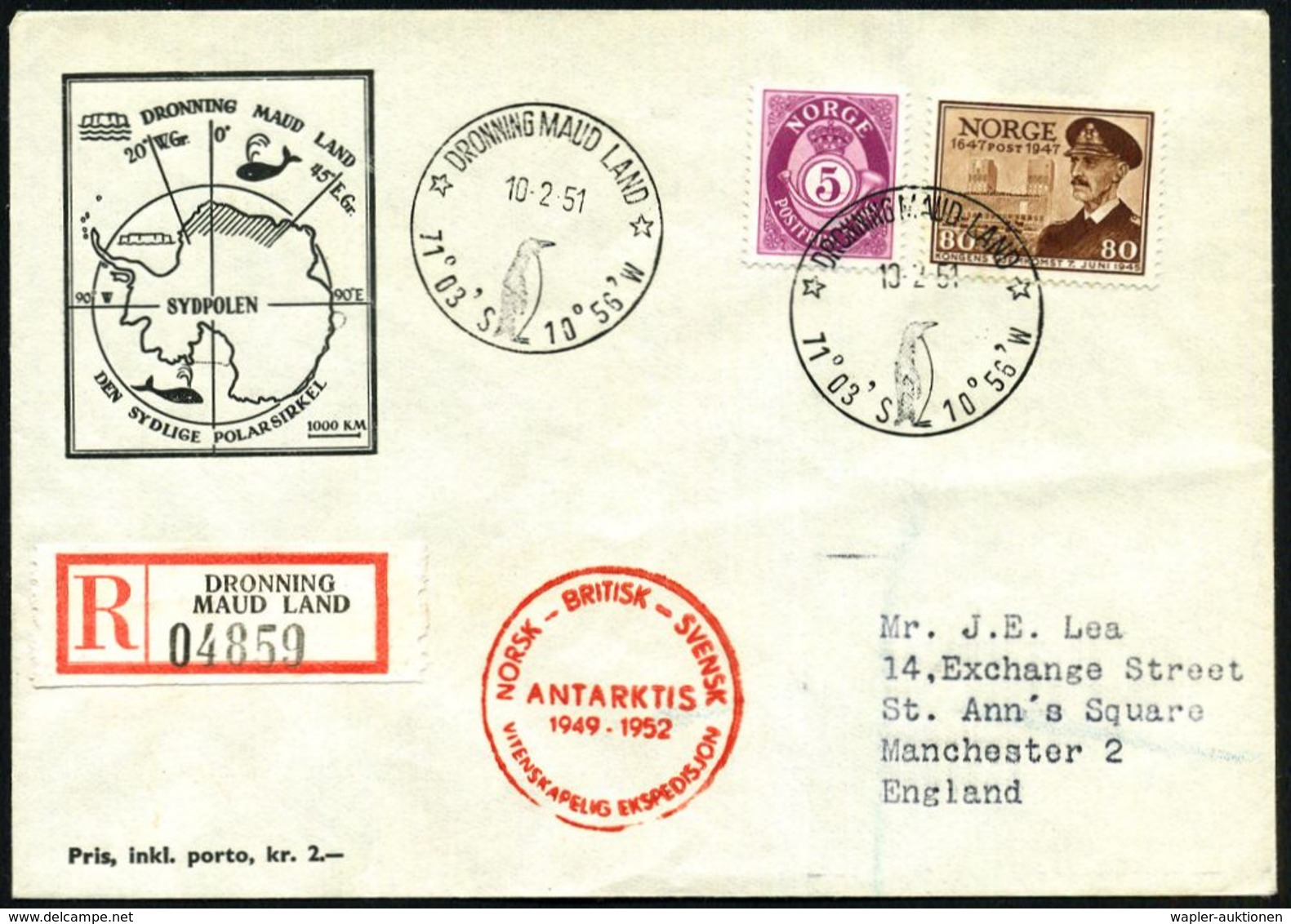 NORWEGEN /  GROSSBRIT. /  SCHWEDEN 1951 (10.2.) 1K-HWSt.: DRONNING MAUD LAND/71°03' S 10°56'W (Pinguin) + Seltener RZ: D - Antarktis-Expeditionen