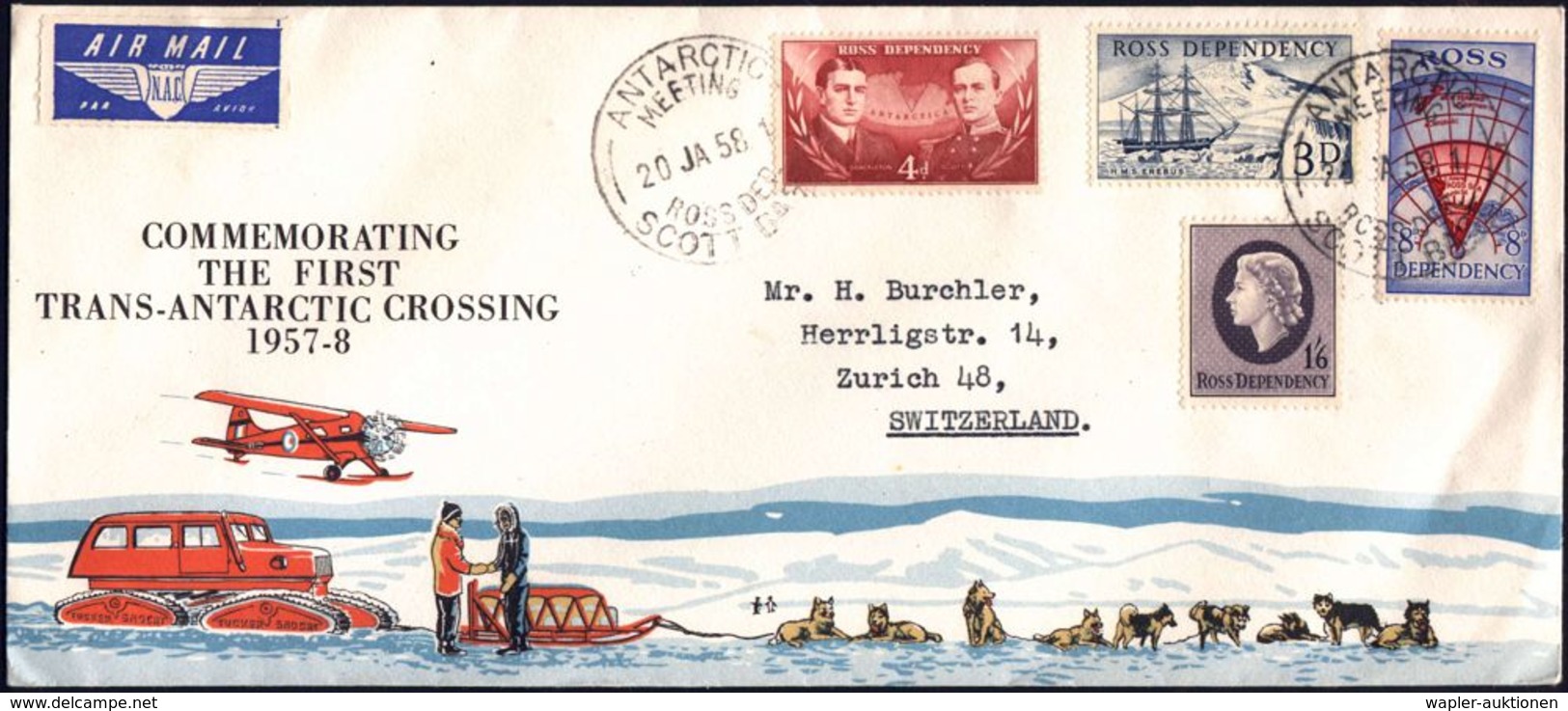 ROSS-GEBIET 1958 (20.1.) 1K: ANTARCTIC/MEETING/ROSS DEP/SCOTT BASE, 2x Auf Kompl. Satz "Ross" Auf Dekorat. Hundeschlitte - Expéditions Antarctiques