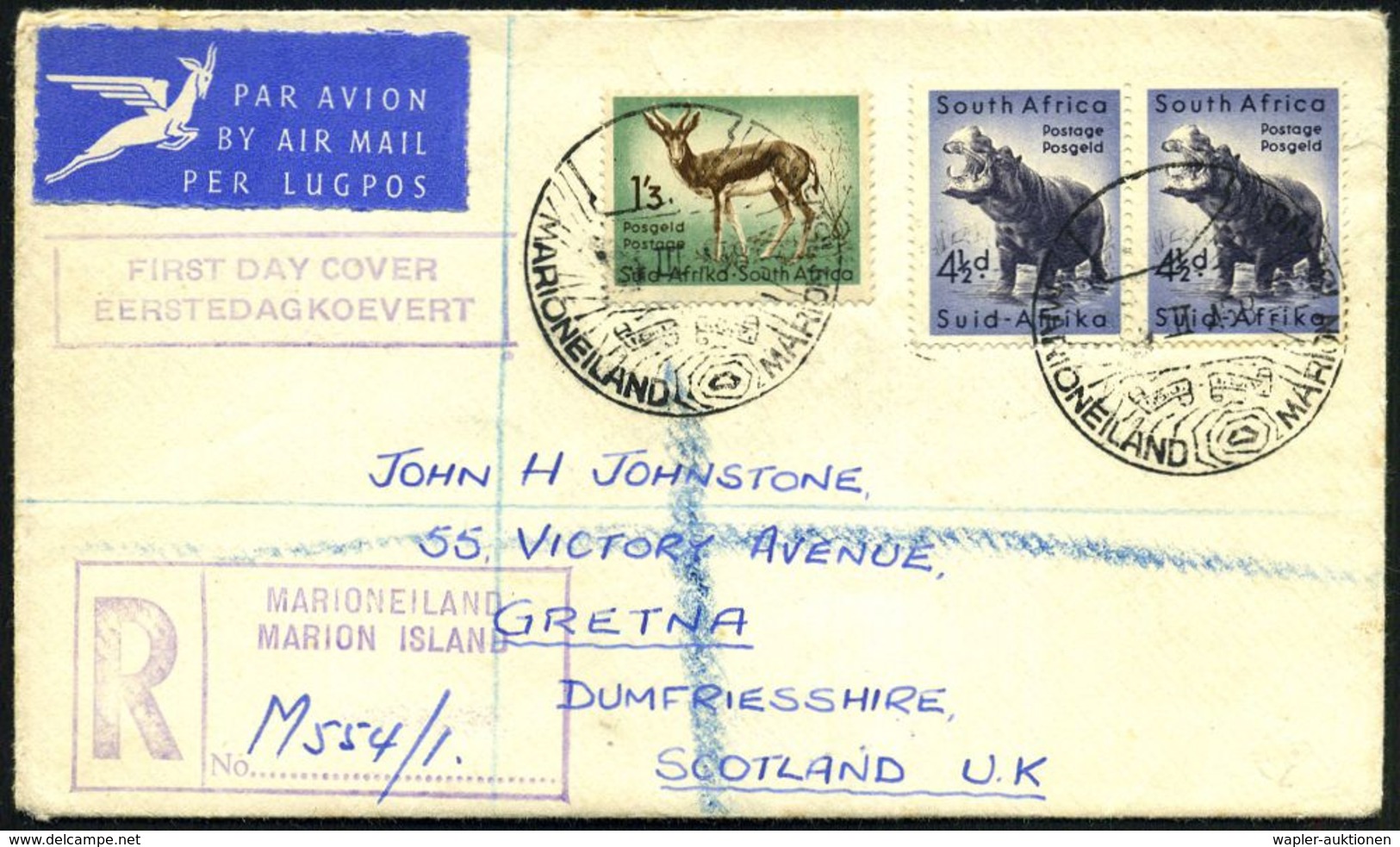 SÜDAFRIKA 1958 (24.3.) HWSt.: MARIONEILAND MARION ISLAND = Seekarte Mit Marion Island = 1. Verwendungstag + Viol. R-Stem - Expéditions Antarctiques