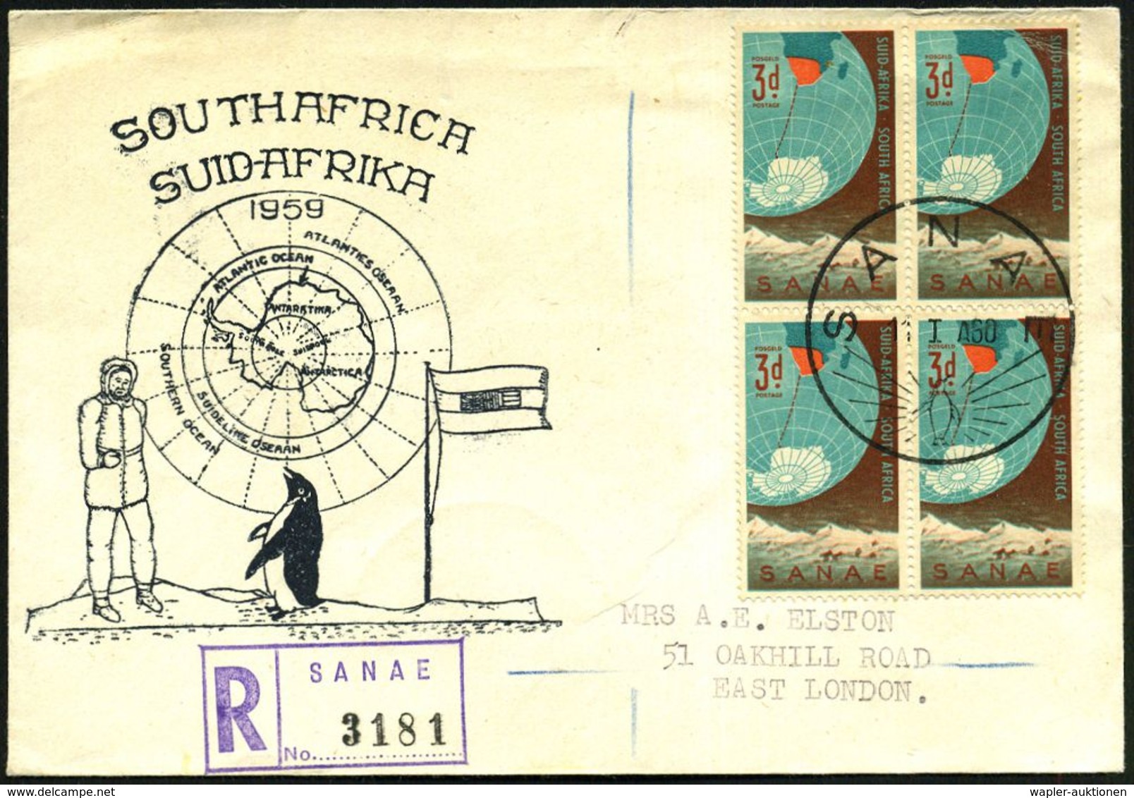 SÜDAFRIKA 1960 (11.1.) HWSt.: SANAE (Pinguin) = Südafrikan. Antarktisstation Queen Maud-Land, Eröffnet Jan 1960 , Zenris - Expéditions Antarctiques