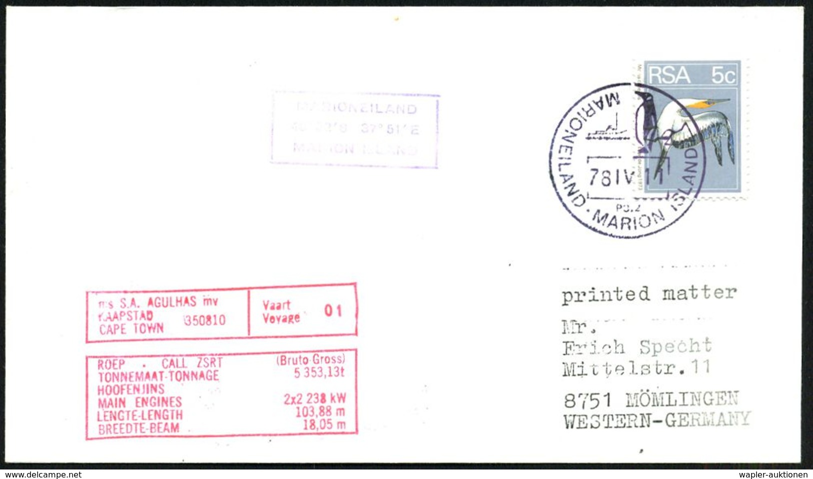 SÜDAFRIKA 1978 (11.4.) Bordpost-HWSt.: MARIONEILAND MARION ISLAND/P3.2 (Versorgungsschiff U. Pinguin) + Roter Bordpost-H - Expéditions Antarctiques