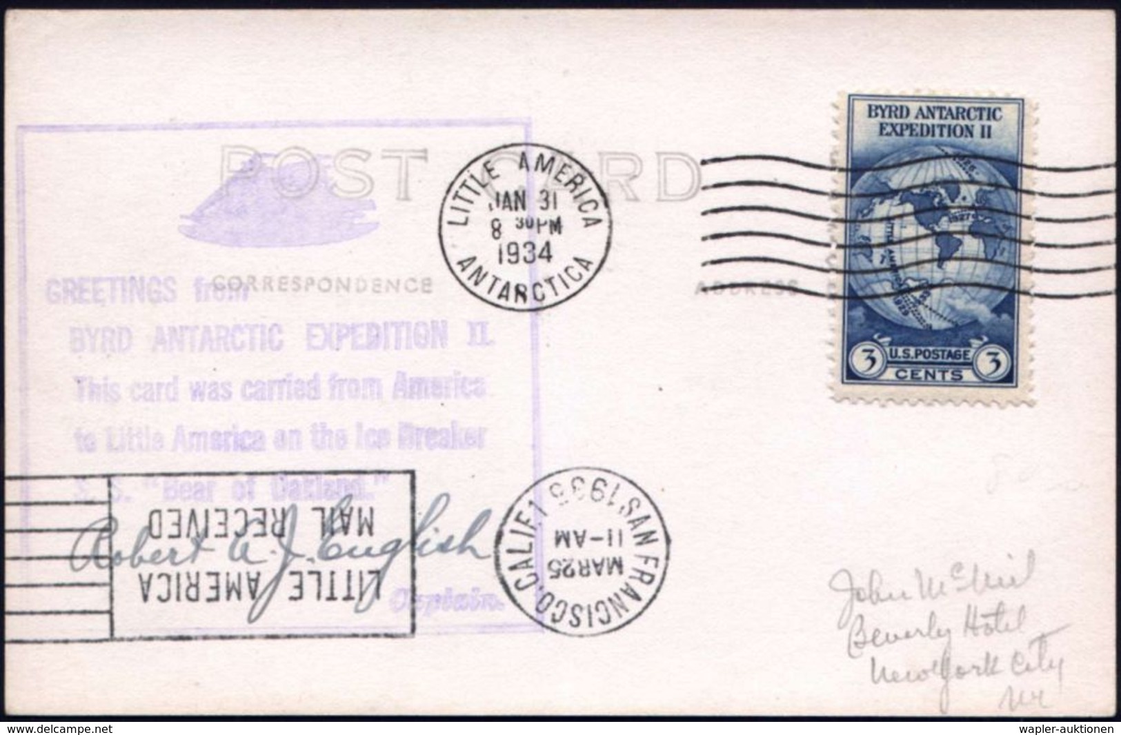 U.S.A. 1934 (31.1.) MWSt: LITTLE AMERICA/ANTARCTICA Auf EF 3 C. Byrd Exped.II + HdN: BYRD ANTARCTIC EXPED.II.. + Signatu - Antarktis-Expeditionen