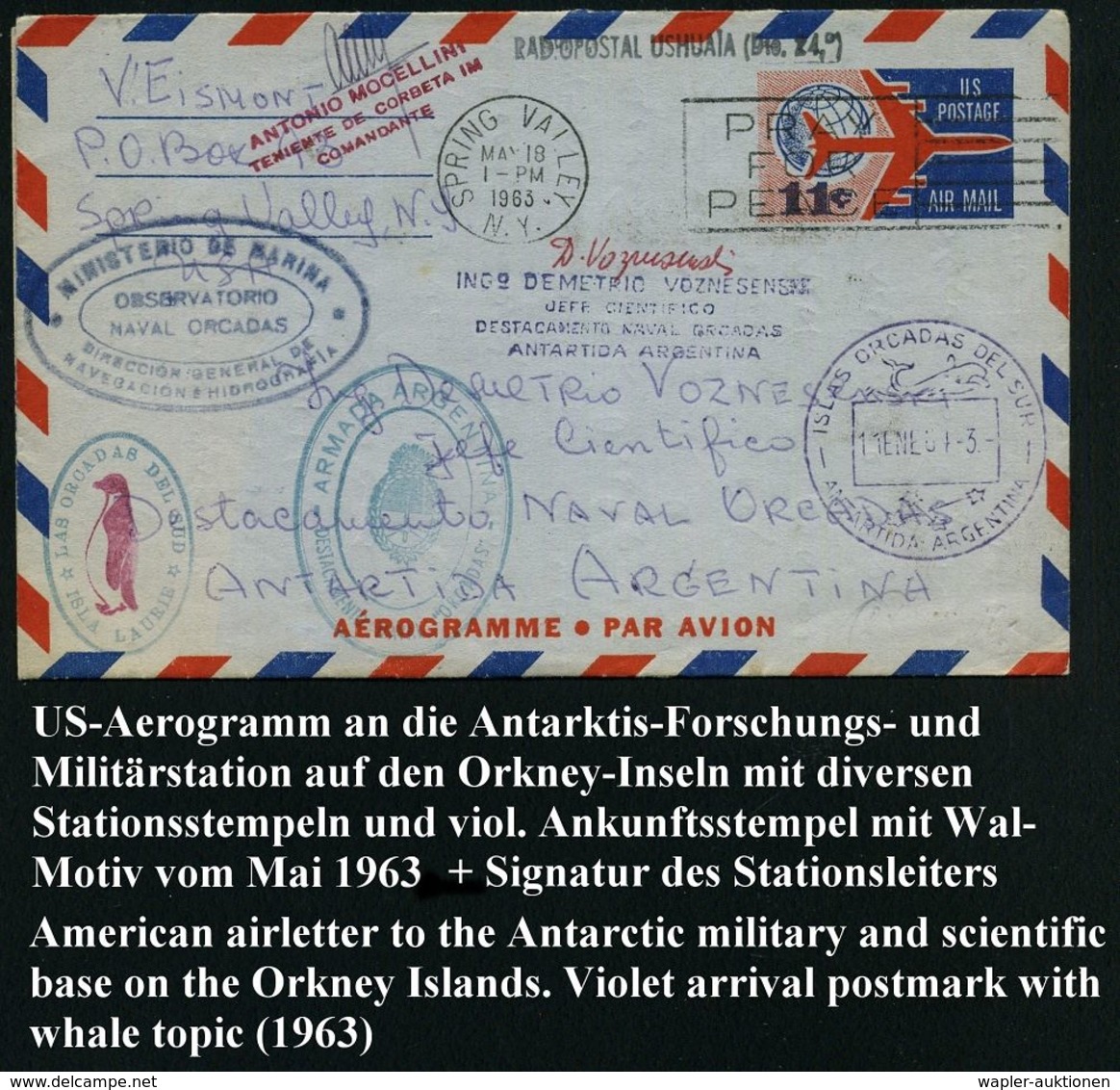 U.S.A. /  ARGENTINIEN 1963 (18.3.) Aerogramm 11 C., Gest. SPRING VALLEY, N.Y. An Den Leiter Der Antarktis-Station ISLAS  - Antarktis-Expeditionen