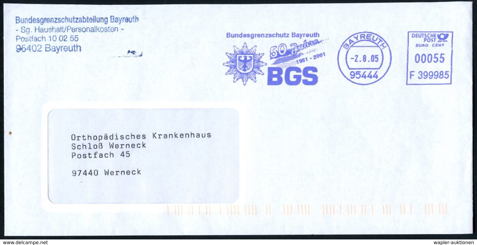 95444 BAYREUTH/ F399985/ / Bundesgrenzschutz Bayreuth/ 50 Jahre../ BGS 2005 (2.8.) Blauer Jubil.-AFS (Abzeichen) + Bl. A - Politie En Rijkswacht