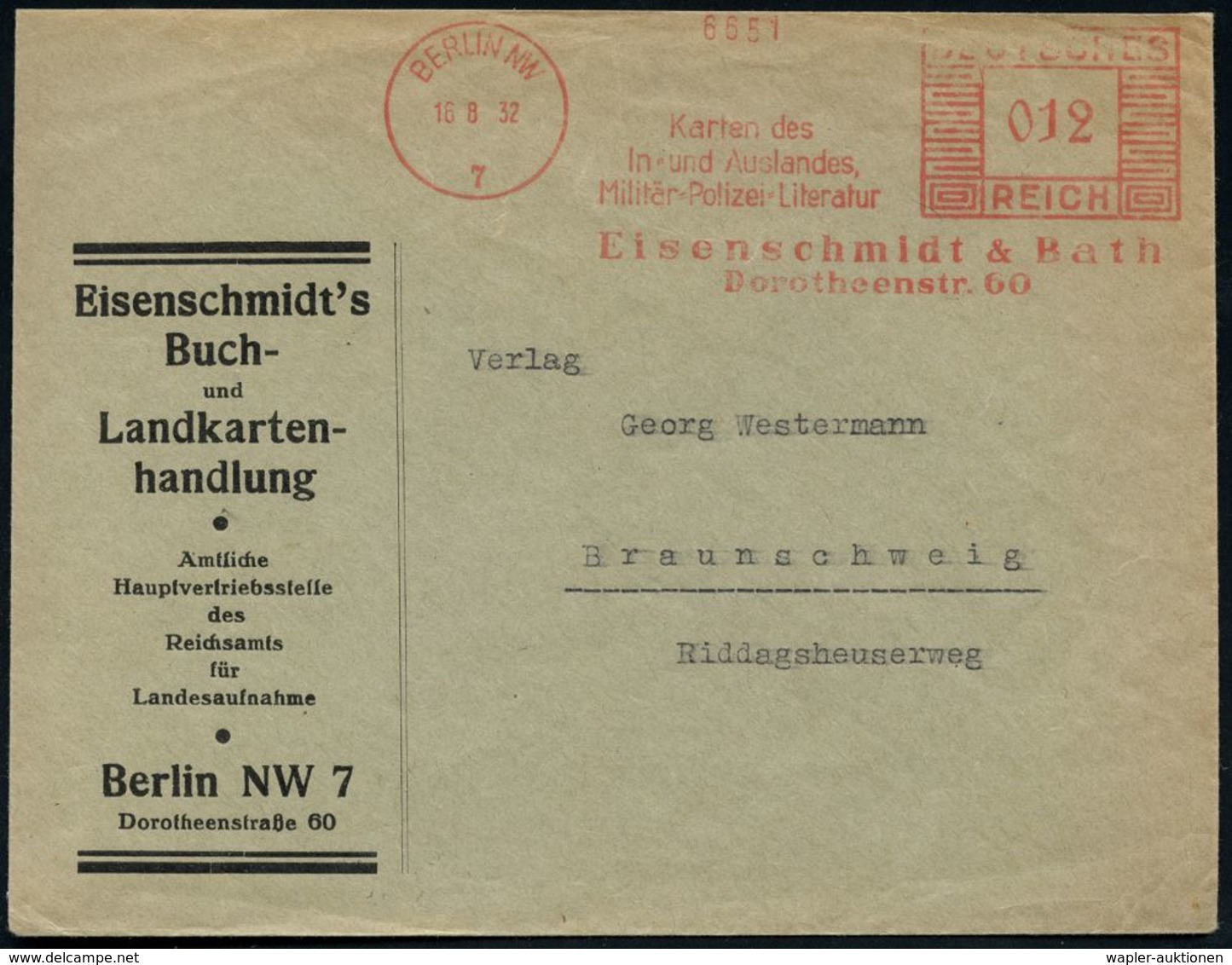 BERLIN NW/ 7/ Karten Des/ In- U.Auslandes,/ Militär-,Polizei-Literatur/ Eisenschmidt & Bath.. 1932 (16.8.) Seltener AFS  - Politie En Rijkswacht