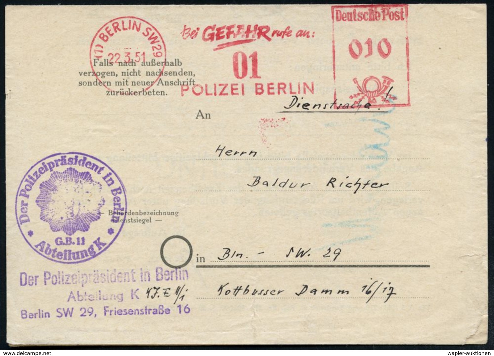 (1) BERLIN SW 29/ Bei GEFAHR Rufe An:/ 01/ POLIZEI BERLIN 1951 (22.3.) AFS + Viol. 1K-HdN: Der Polizei-präsident In Berl - Politie En Rijkswacht