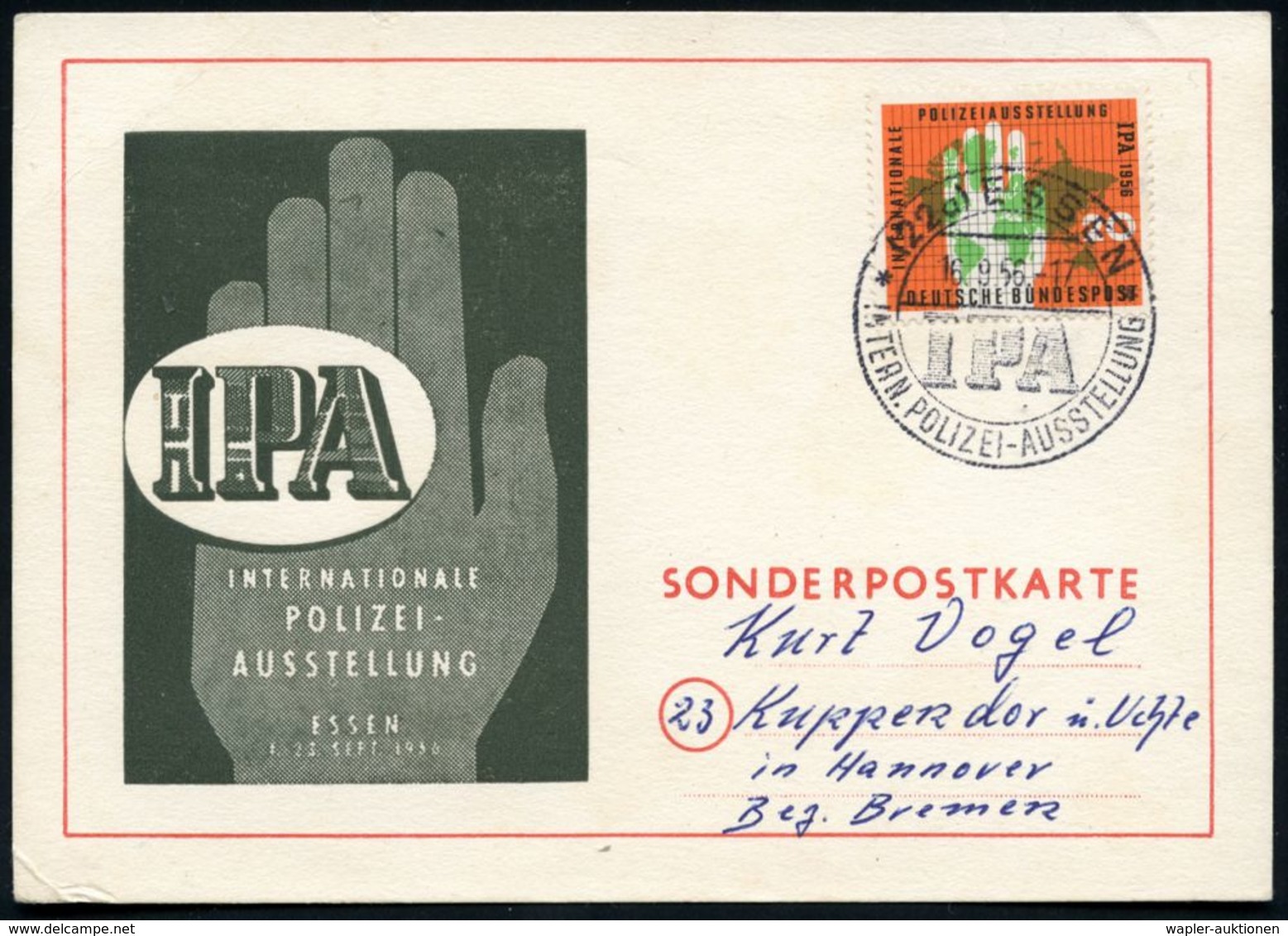 (22a) ESSEN/ IPA/ INTERN.POLIZEI-AUSSTELLUNG 1956 (Sept.) SSt Auf 20 Pf. I.P.A. (Mi.240 EF) Klar Auf Monochromer Sonder- - Polizei - Gendarmerie