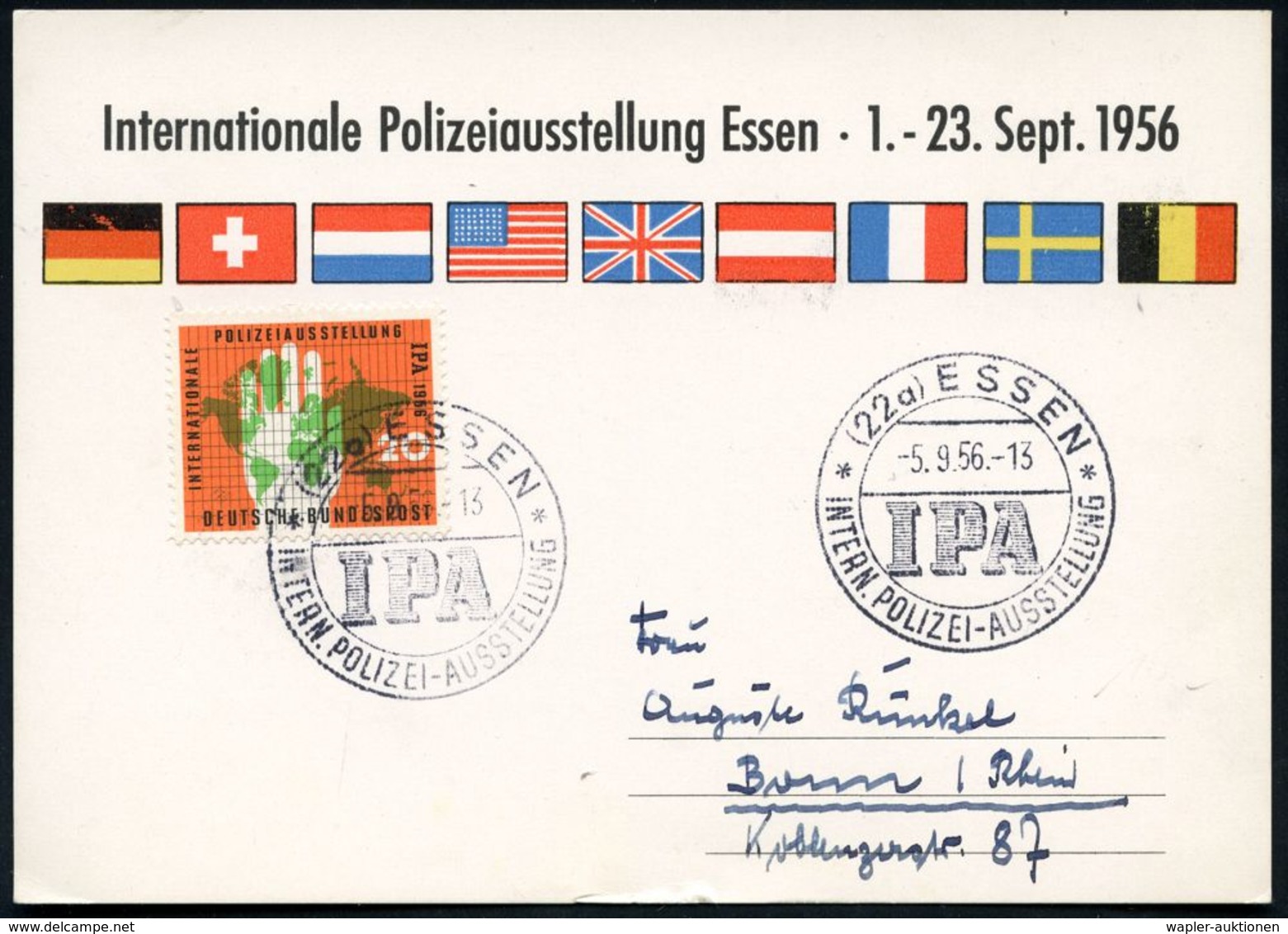 (22a) ESSEN/ IPA/ INTERN.POLIZEI-AUSSTELLUNG 1956 (Sept.) SSt Auf EF 20 Pf. I.P.A. (Mi.240 EF) Auf Color-Sonder-Kt.: I.P - Polizei - Gendarmerie