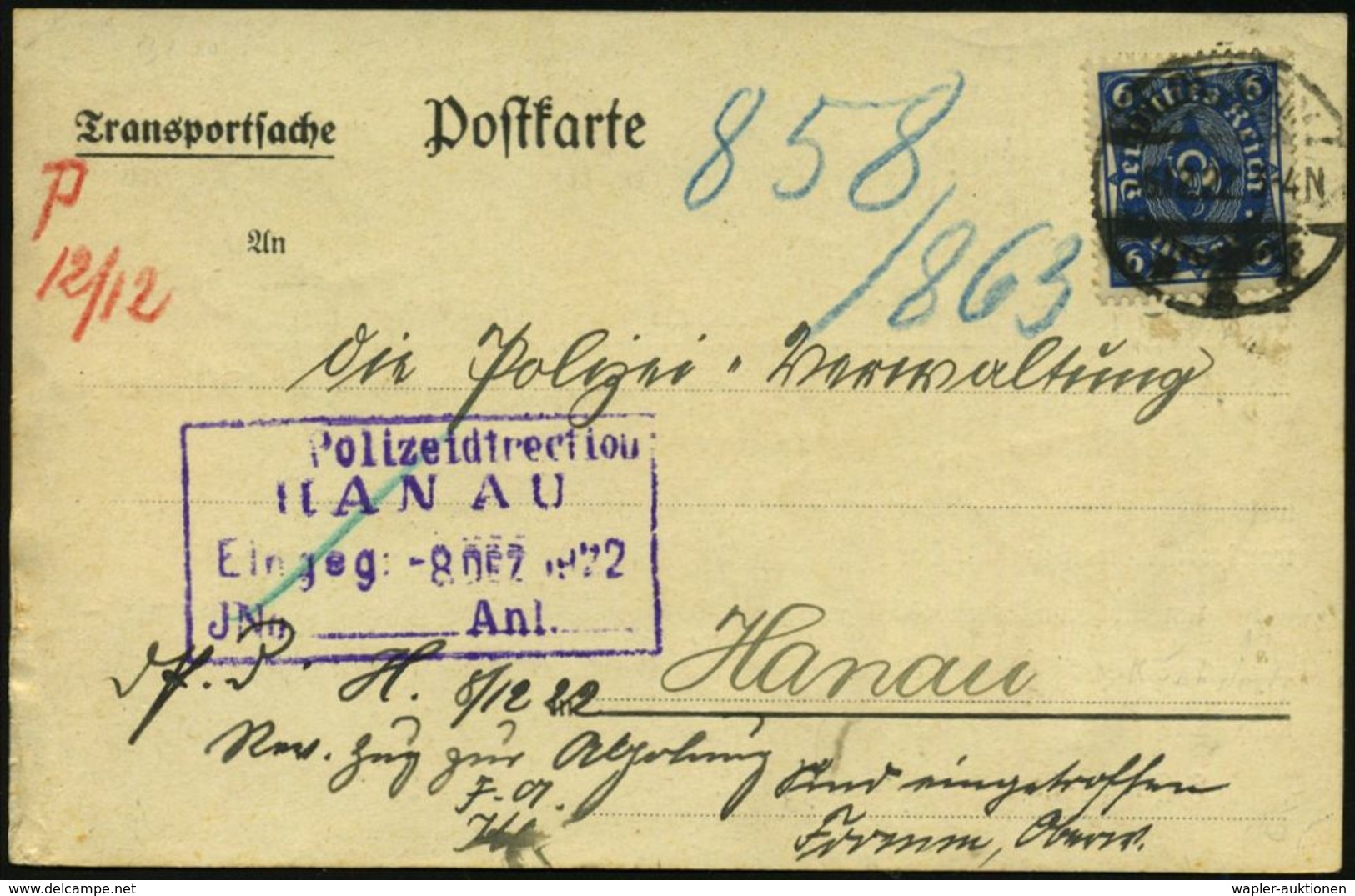 HILDESHEIM/ *2f 1922 (6.12.) 1K-Steg A. EF 6 Mk. Posthorn, Dienstkt.: "Transportsache" Polizeidirektion Hildesheim , Int - Polizei - Gendarmerie