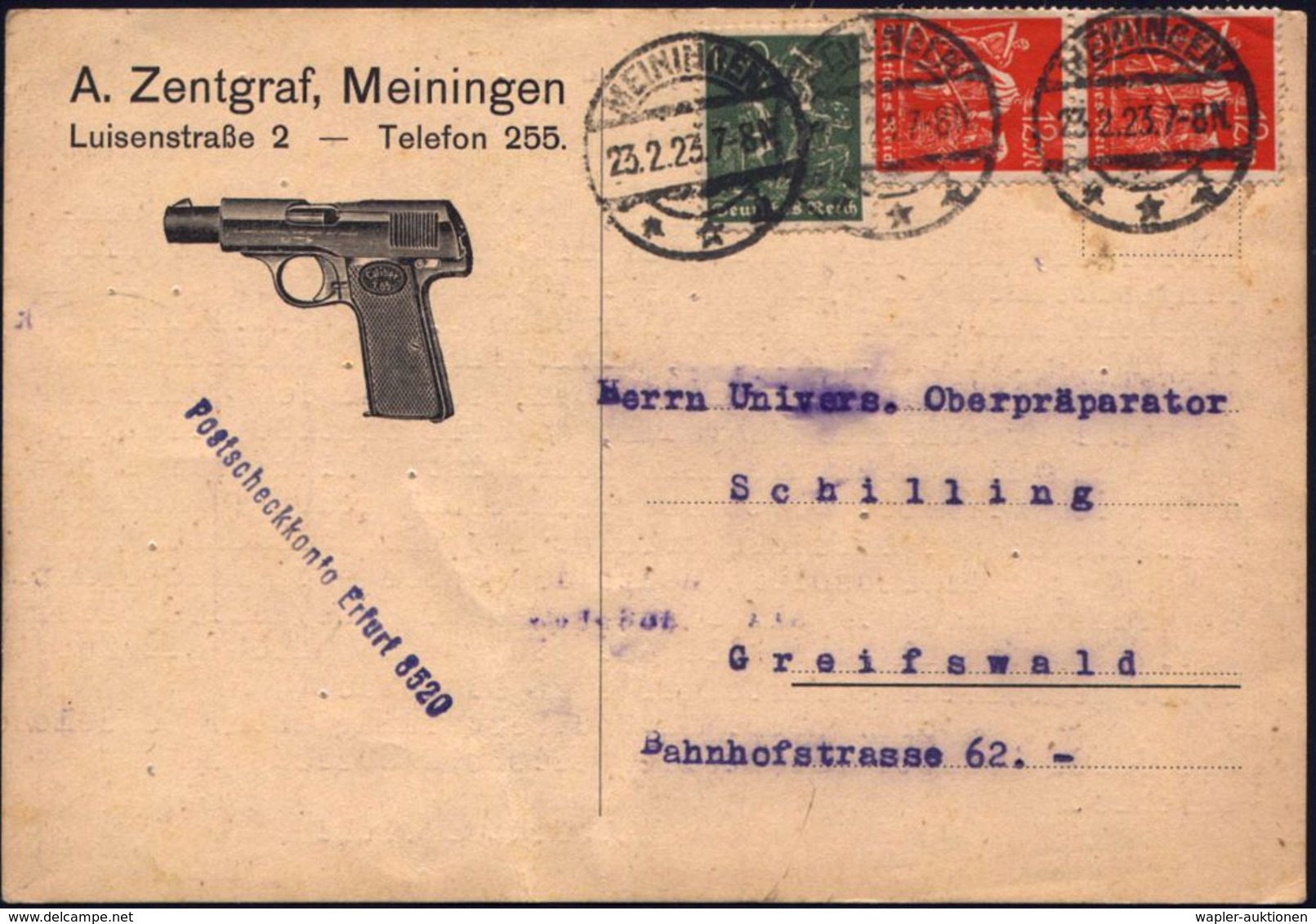 MEININGEN/ **k 1923 (23.2.) 1K-Brücke Auf Reklame-Kt.: A. Zentgraf.. = Polizei-Pistole (Caliber 7,65) Inl.-Reklame-Kt. ( - Politie En Rijkswacht