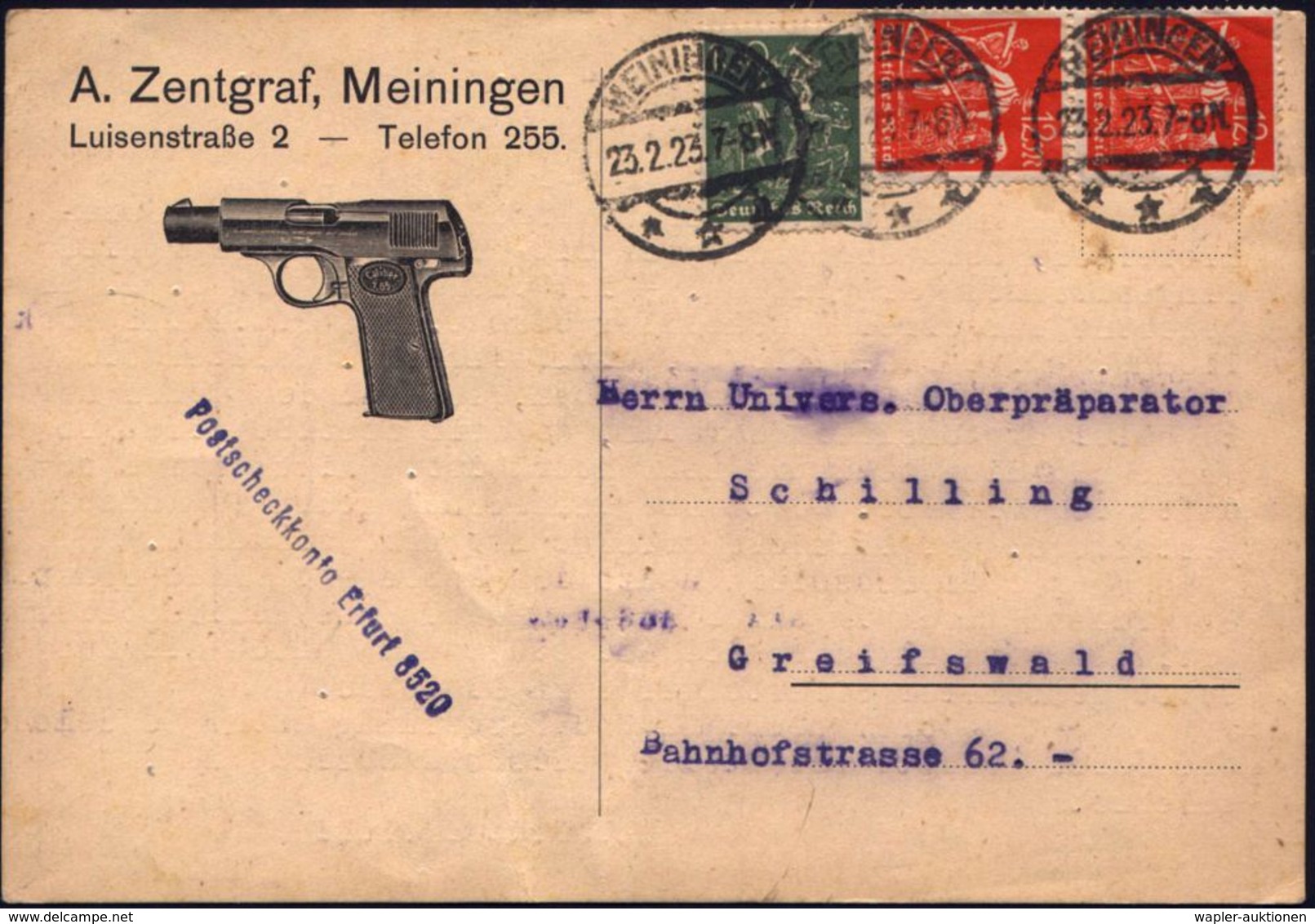 MEININGEN/ **k 1923 (23.2.) 1K-Brücke Auf Reklame-Kt.: A. Zentgraf.. = Polizei-Pistole (Caliber 7,65) Inl.-Reklame-Kt. ( - Police - Gendarmerie