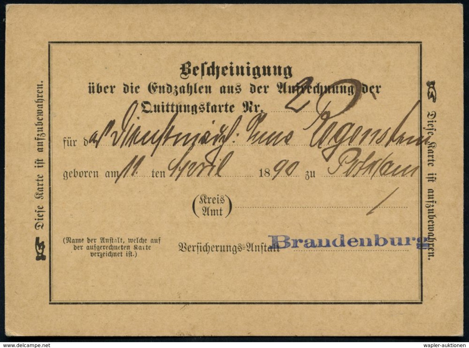 Potsdam 1908 (10.7.) Beitrags-Quittungskarte Der Versicherungs-Anstalt Brandenburg , Viol. Dienst-1K: III. POLIZEI-REVIE - Politie En Rijkswacht