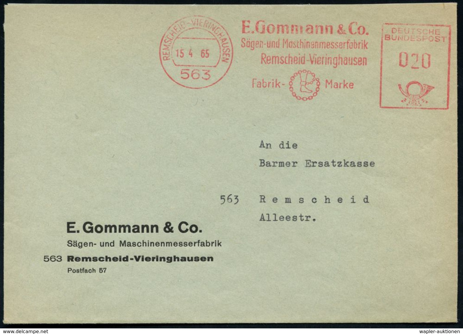 563 REMSCHEID-VIERINGHAUSEN/ E.Gommann & Co/ Sägen-u.Maschinenmesserfabrik 1965 (15.4.) AFS = Bein Mit Fußfessel , Klar  - Politie En Rijkswacht