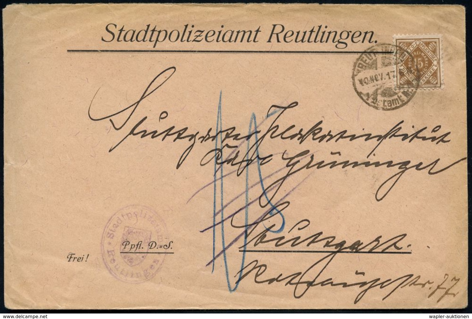 REUTLINGEN/ Postamt Nr.1 1917 (10.11.) 1K-Gitter Auf EF 15 Pf. Dienst, Braun + Viol. Oval-HdN: Stadtpolizeiamt/ Reutling - Polizia – Gendarmeria