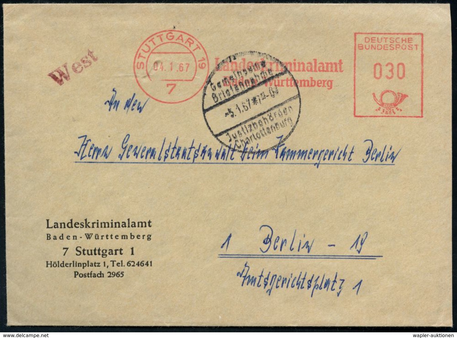 7 STUTTGART 19/ LANDESKRIMINALAMT/ Baden-Württemberg 1967 (4.1.) AFS + Viol. Hinweis-1L: W E S T , Dienst-Bf. Nach  W E  - Polizia – Gendarmeria