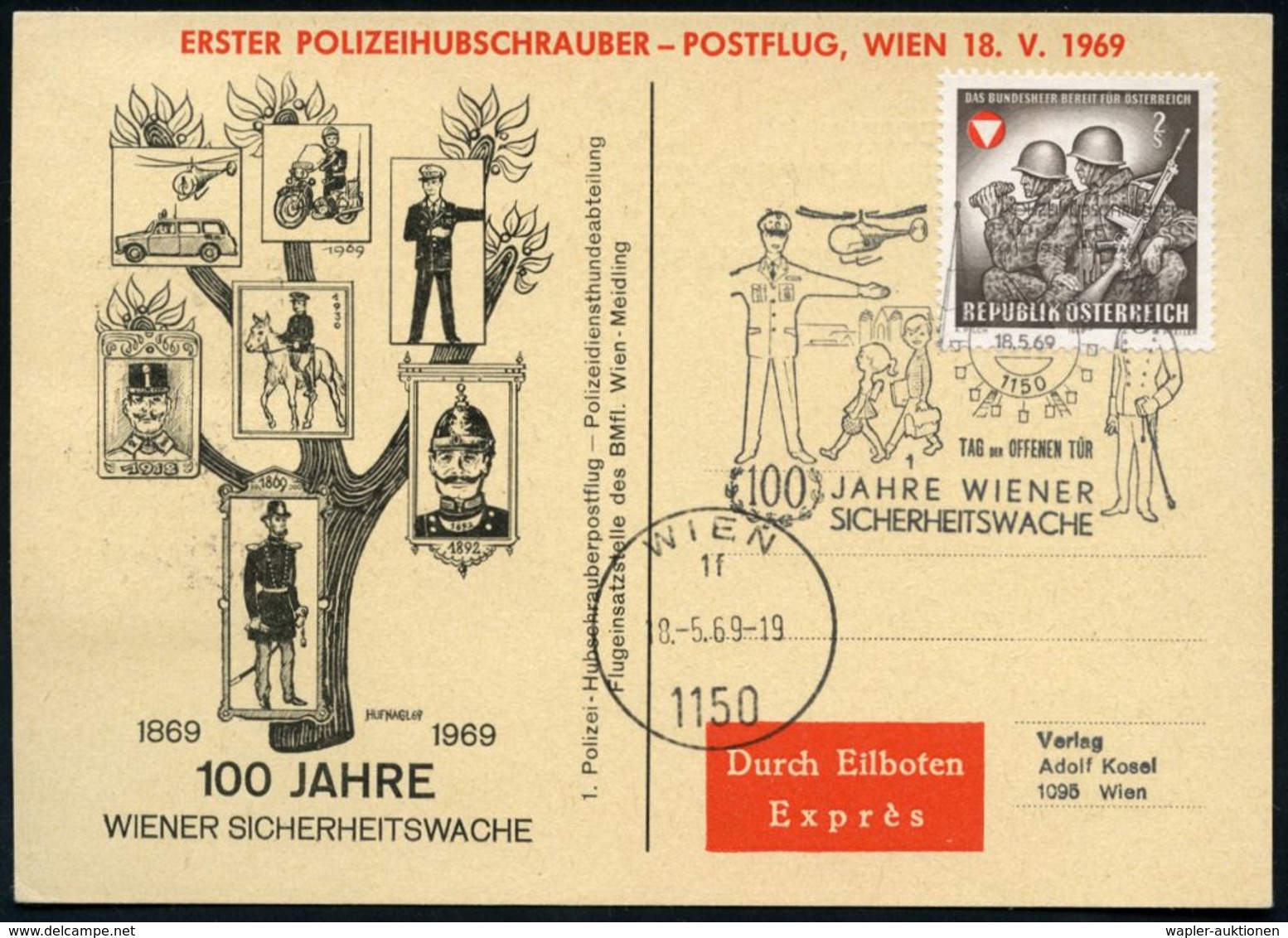 ÖSTERREICH 1969 (18.5.) SSt.: 1150 WIEN/1/100 JAHRE WIENER/SICHERHEITSWACHE (histor.u.mod. Polizist/ Kinder/ Helikopter) - Polizei - Gendarmerie