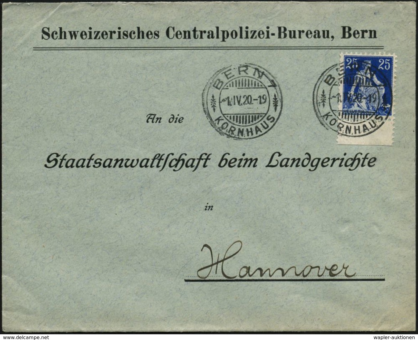 SCHWEIZ 1920 (1.4.) 2K-Gitter: BERN 1/KORNHAUS Auf EF 25 C. Helvetia , Dienst-Bf.: Schweiz. Centralpolizei-Bureau.., Kla - Politie En Rijkswacht