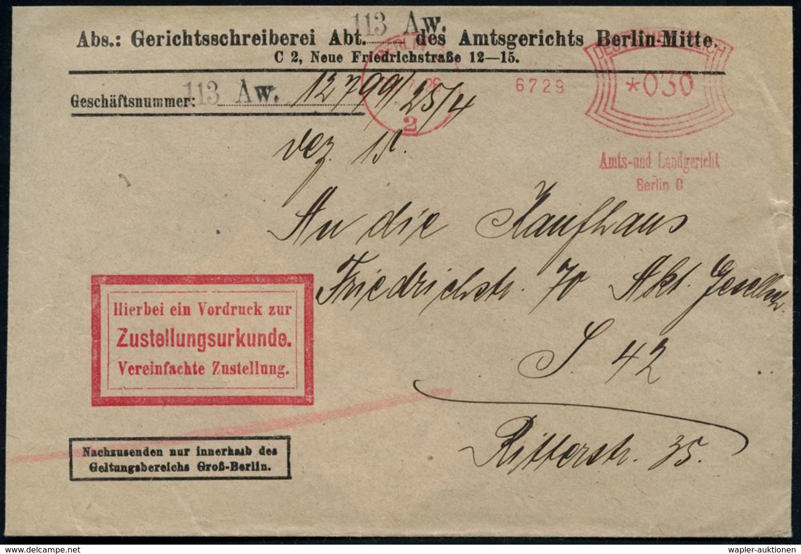 BERLIN C2/ Amts-u.Landgericht 1926 (26.7.) Früher AFS 030 Pf. Auf Dienst-Bf.: Gerichtsschreiberei.. Zustellungs-urkunde  - Police - Gendarmerie