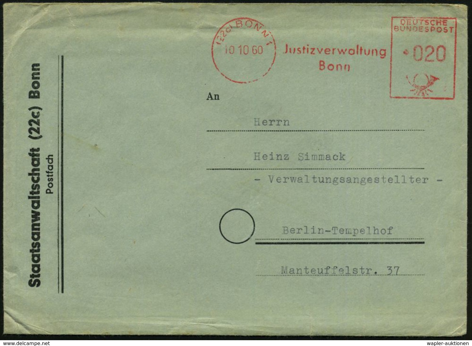 (22c) BONN 1/ Justizverwaltung 1960 (10.10.) AFS Auf Dienst-Bf.: Staatsanwaltschaft Bonn Mit Viel Inhalt: Schreiben Betr - Police - Gendarmerie