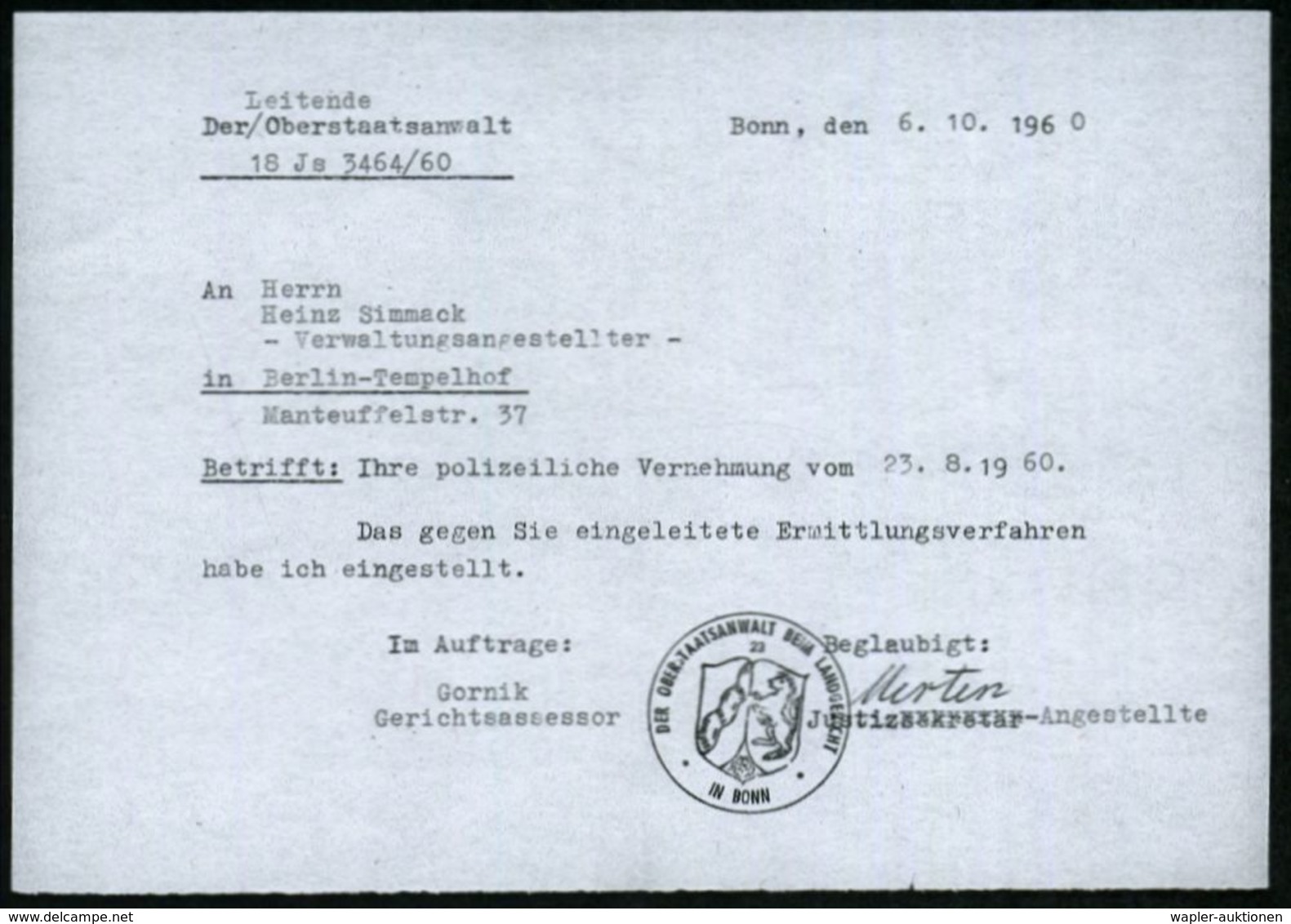 (22c) BONN 1/ Justizverwaltung 1960 (10.10.) AFS Auf Dienst-Bf.: Staatsanwaltschaft Bonn Mit Viel Inhalt: Schreiben Betr - Politie En Rijkswacht