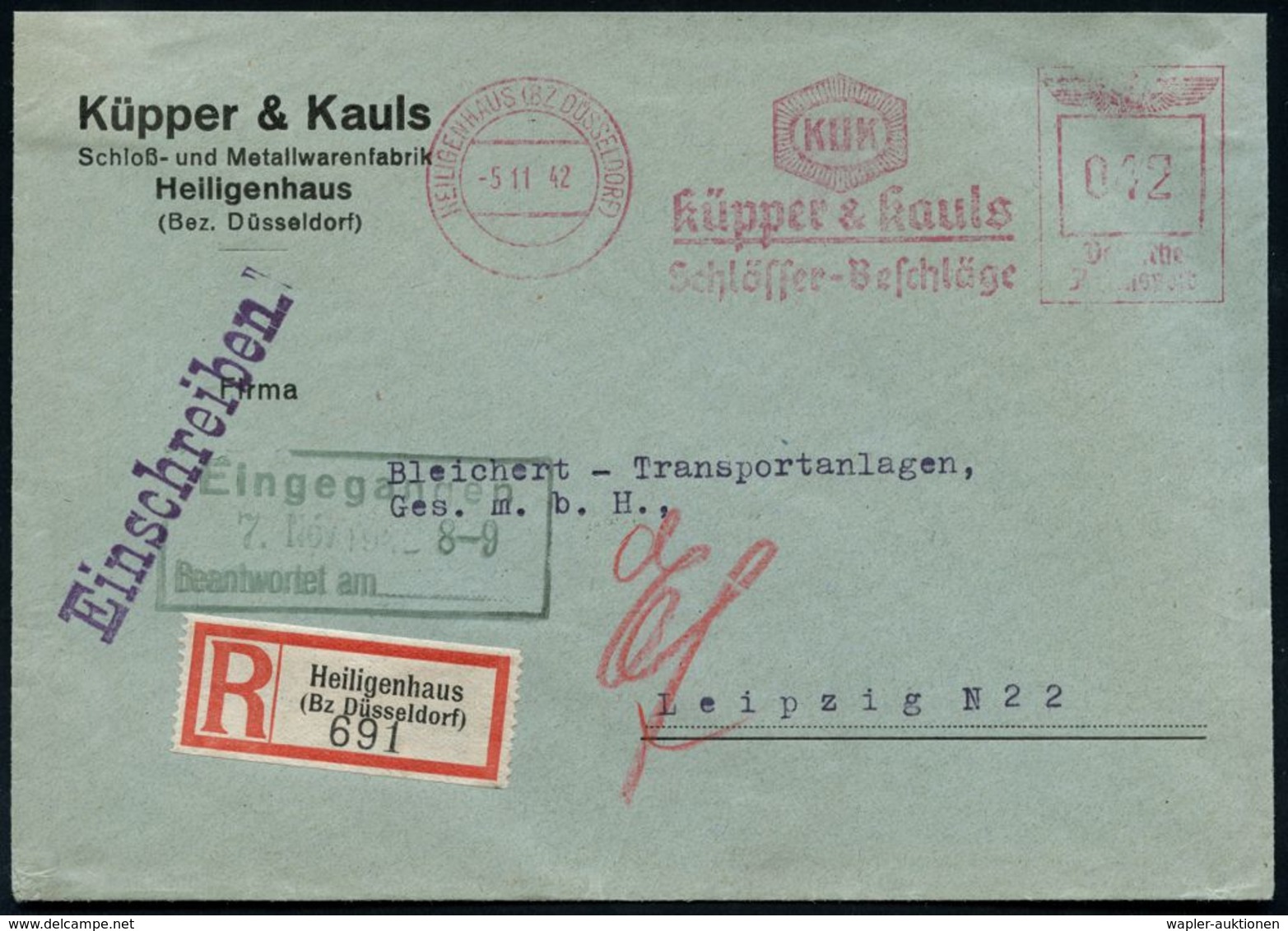 HEILIGENHAUS (BZ DÜSSELDORF)/ KUK/ Küpper & Kauls/ Schlösser-Beschläge 1942 (5.11.) AFS 042 Pf. = Monogr.-Logo (im Wertr - Polizia – Gendarmeria