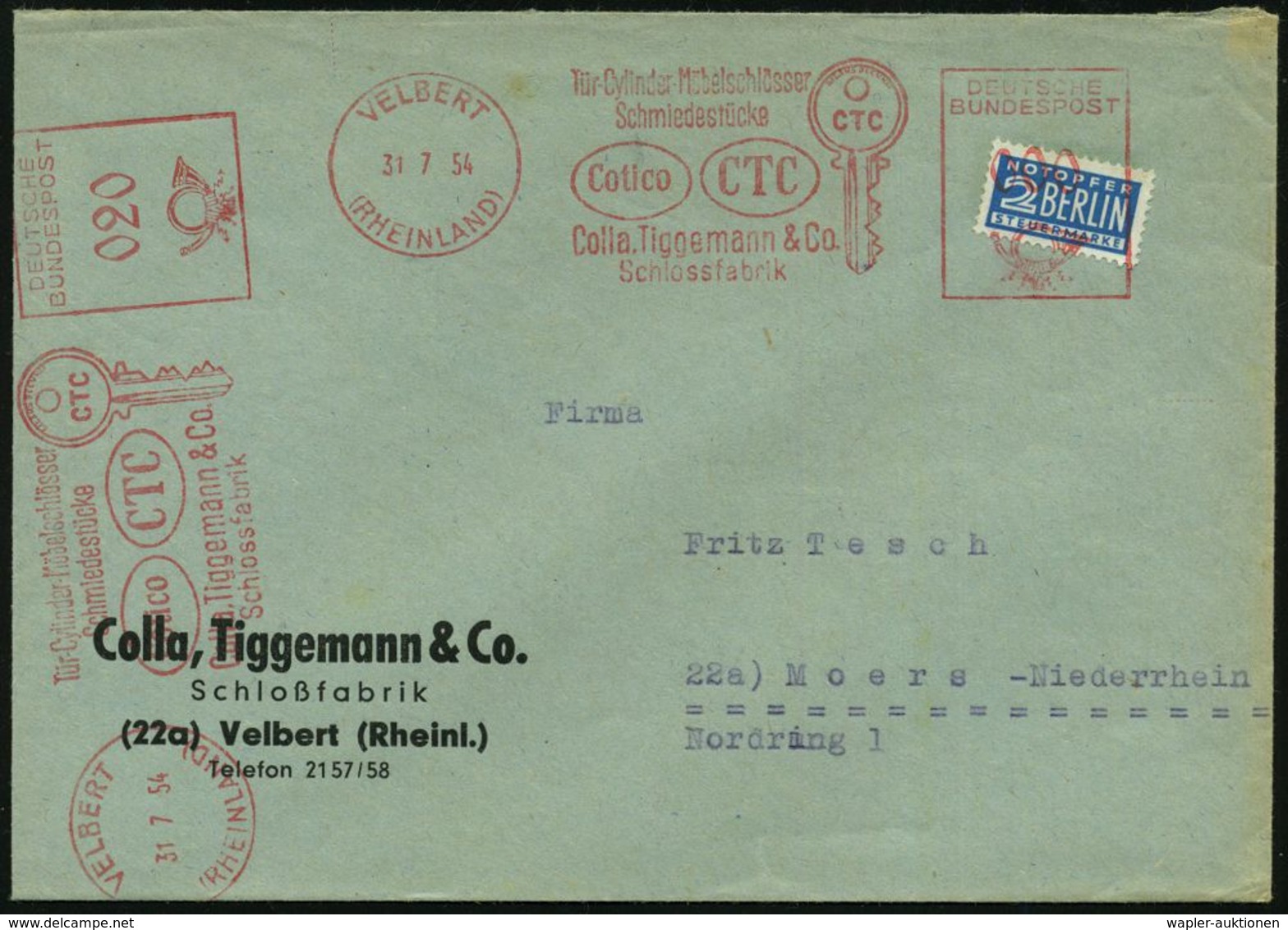 VELBERT/ (RHEINLAND)/ Tür-Cylinder-Möbelschlösser/ ..Cotico/ CTC/ Colla,Tiggemann & Co/ Schloss-fabrik 1954 (31.7.) AFS  - Politie En Rijkswacht