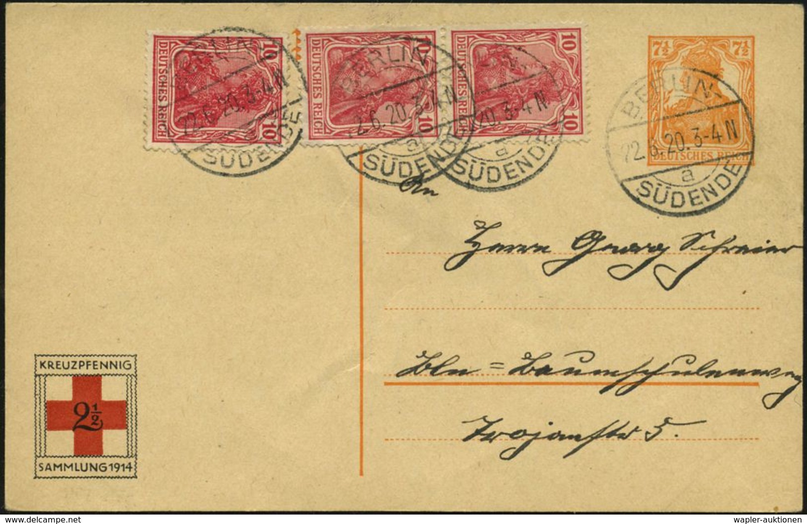 BERLIN-/ A/ SÜDENDE 1920 (22.6.) 1K-Steg Auf PP 7 1/2 Pf. Germania, Orange: KREUZPFENNIG 2 1/2 SAMMLUNG 1914 + Zusatzfra - Croce Rossa