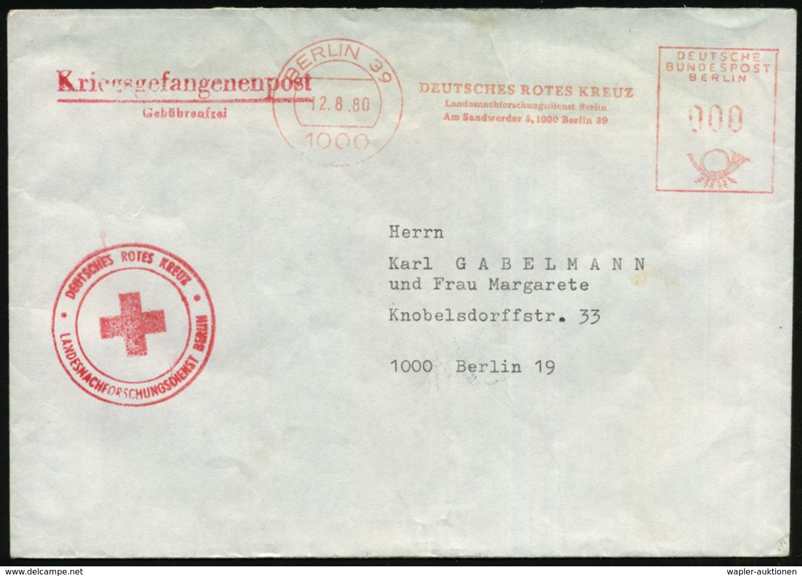 1000 BERLIN 39/ DEUTSCHES ROTES KREUZ/ Landesnachforschungsdienst.. 1980 (12.8.) AFS In "000", Da Kgf.-Dienst + Roter 2L - Rode Kruis