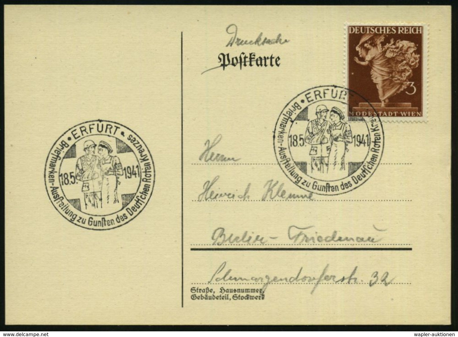 ERFURT/ Briefm.-Ausstellung Zu Gunsten Des Deutschen Roten Kreuzes 1941 (18.5.) SSt = RK-Schwester U. Verwundeter Soldat - Croce Rossa