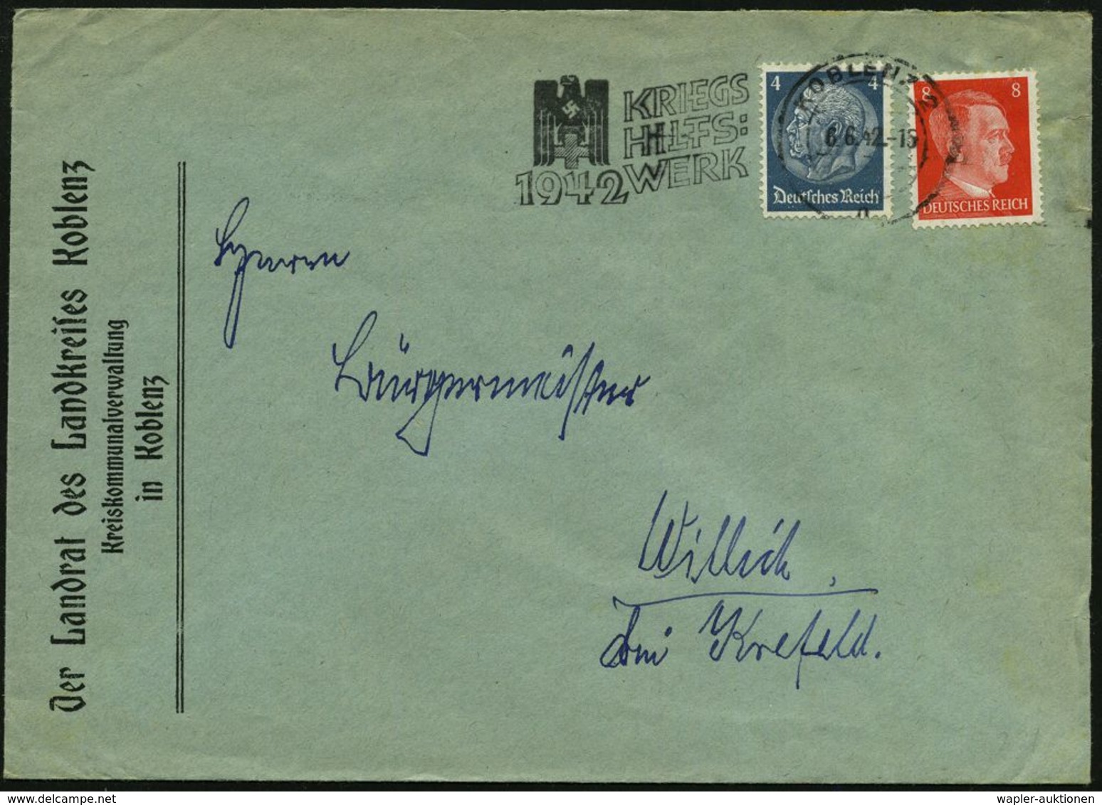 KOBLENZ 2/ N/ KRIEGS/ HILFS-/ WERK 1942 (6.6.) MWSt (NS-DRK-Logo) Klar Gest. Dienst-Bf.: Der Landrat D. Landkreises Kobl - Rode Kruis