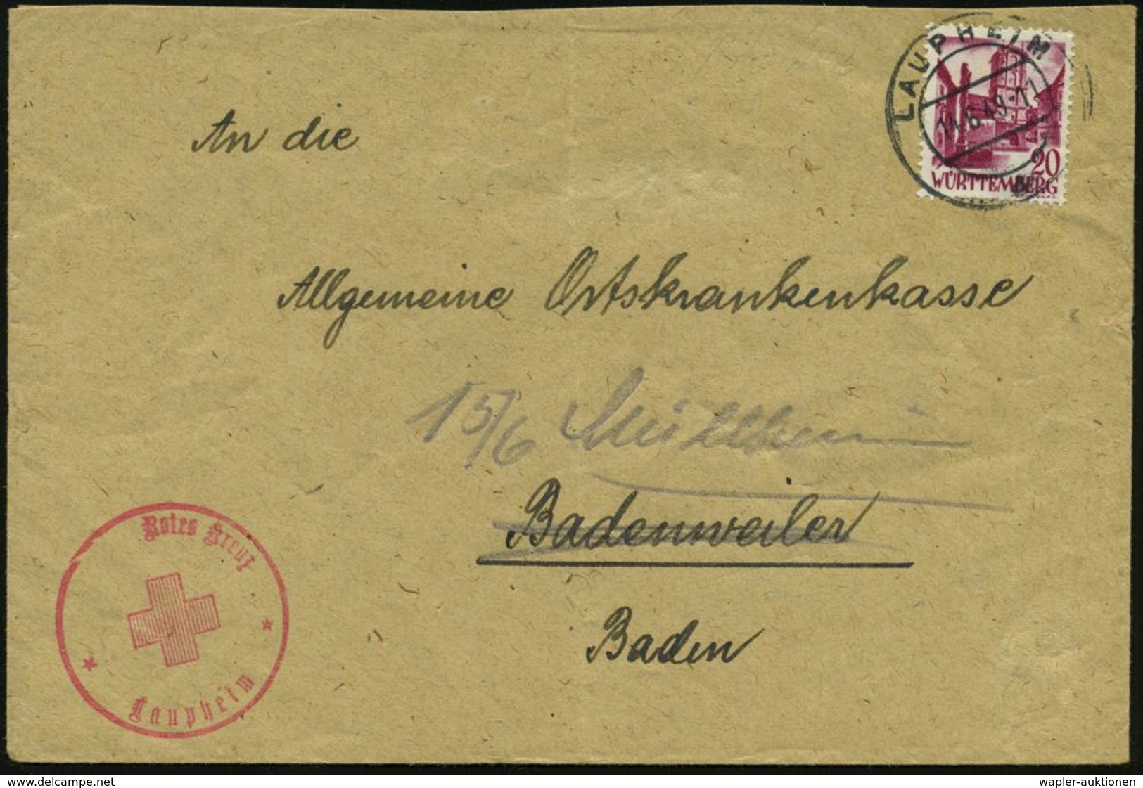 LAUPHEIM/ E 1949 (14.6.) 2K + Roter Aptierter 1K-HdN: Rotes Kreuz/Laupheim = "Deutsches" Entfernt = Französ. Zone, Württ - Rode Kruis