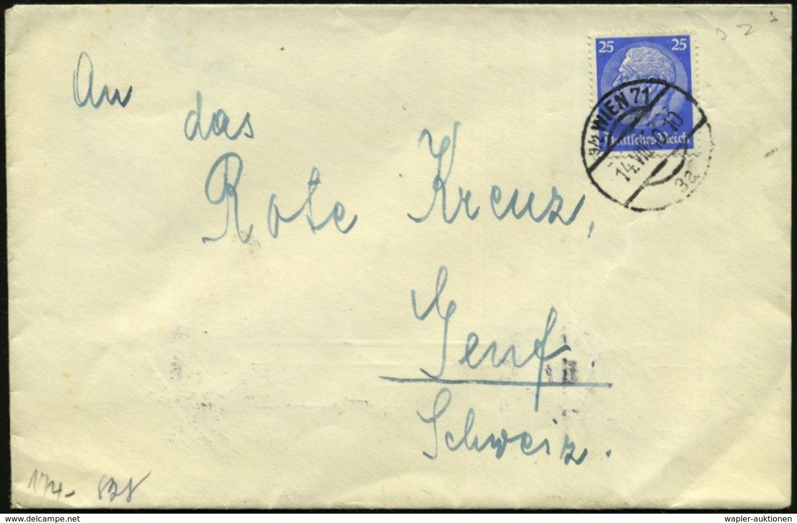 9/ 2 WIEN 71/ 3a 1940 (14.VIII.) Ehem. österr. 1K-Brücke, Sterne Entfernt Auf EF 25 Pf. Hindenbg. , Rs. Schw. Zensur-BdM - Red Cross