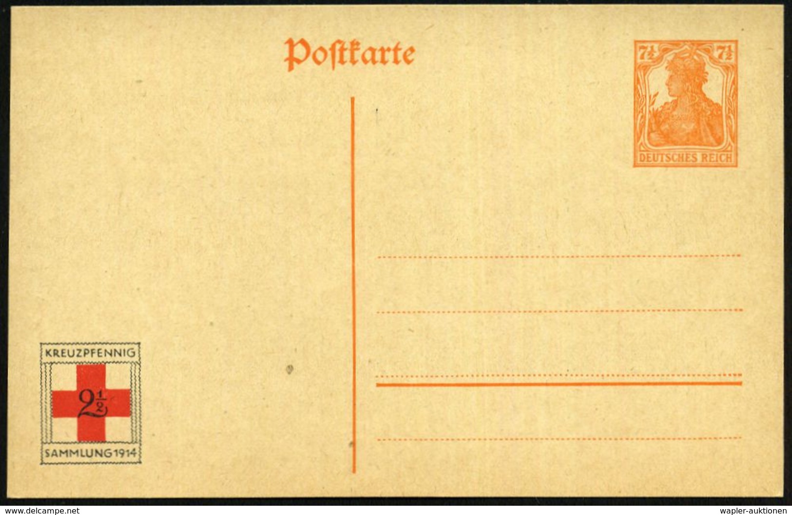 DEUTSCHES REICH 1916 Amtl. P 7 1/2 Pf. Germania + Amtl. Rotkreuz-Spenden-Zudruck: KREUZPFENNIG / SAMMLUNG 1914  2 1/2 Pf - Rode Kruis