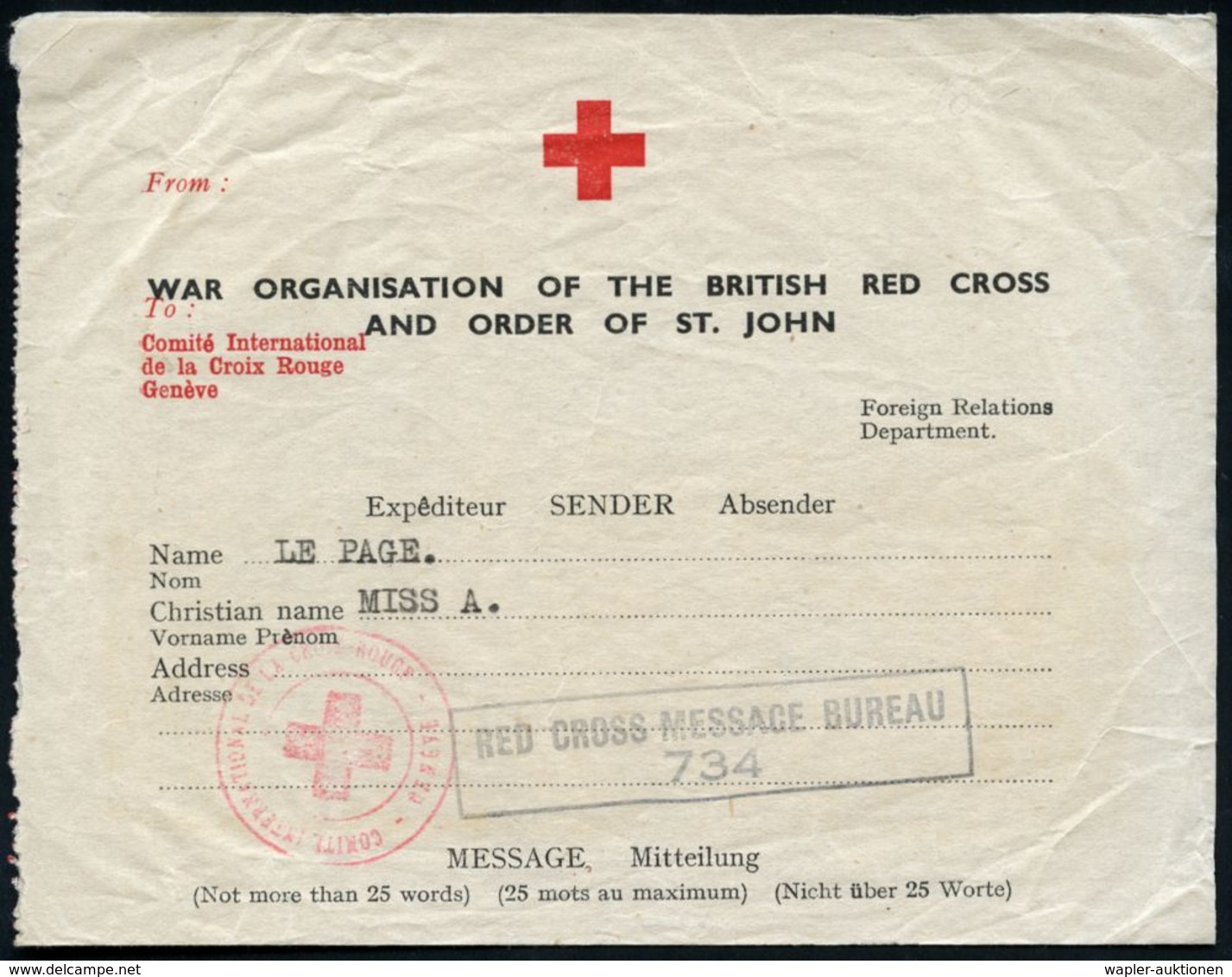 DT.BES.GUERNSEY 1944 (27.4.) Rotkreuz-Formular: WAR ORGANISATION OF THE BRITISH RED CROSS AND ORDER OF ST. JOHN (Rotes K - Rode Kruis