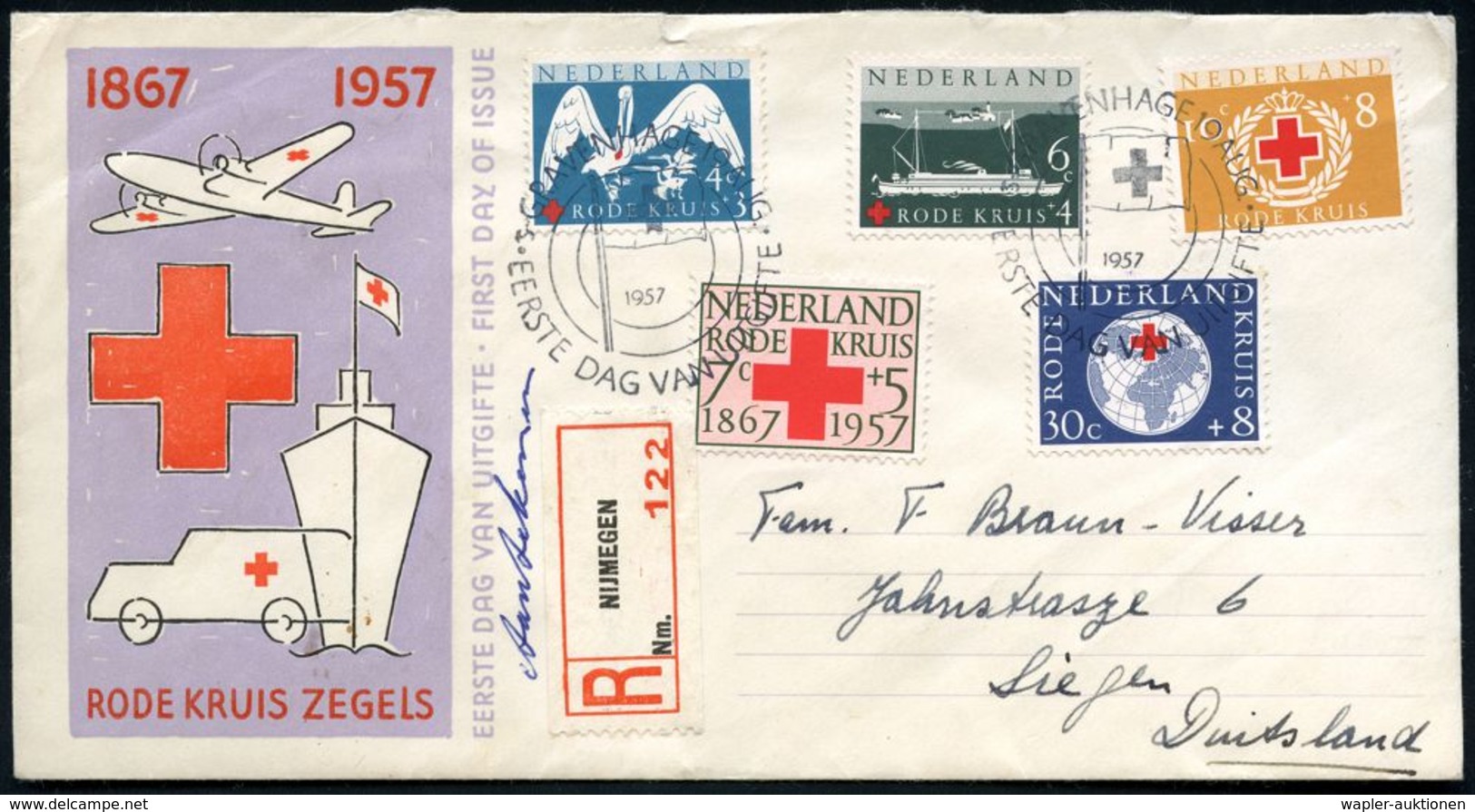 NIEDERLANDE 1957 (19.8.) "90 Jahre R.K. Niederlande", Kompl.Satz + Viol. SSt: 's-GRAVENHAGE (RK-Flagge) + RZ: NIJMEGEN,  - Rotes Kreuz