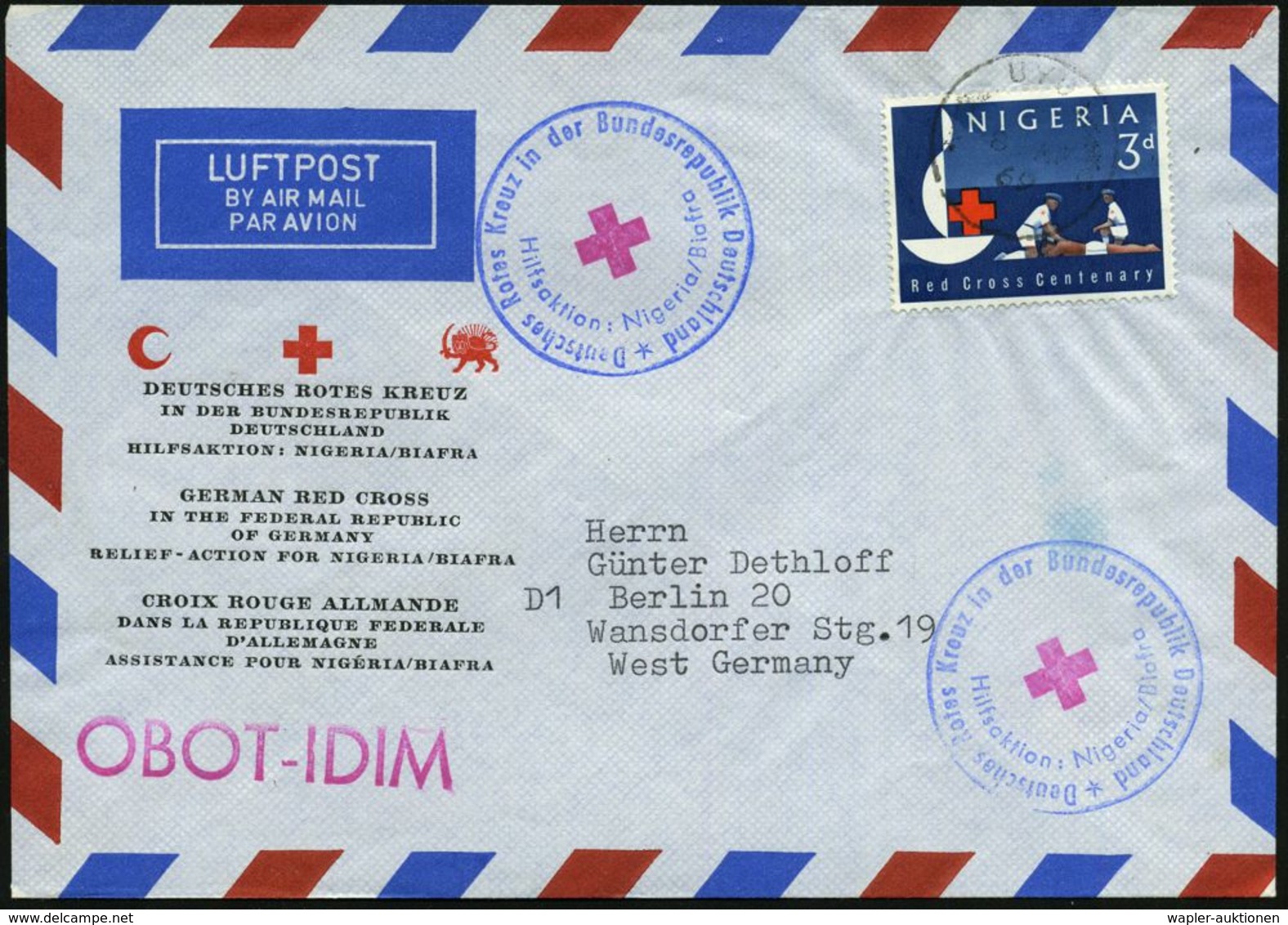 NIGERIA 1969 (8.4.) 3 P. "100 Jahre IRK" Auf DRK-SU: Hilfaktion Biafra = Bürgerkrieg + DRK-HdN Etc., Übersee-Flp-Bf.  (M - Croce Rossa