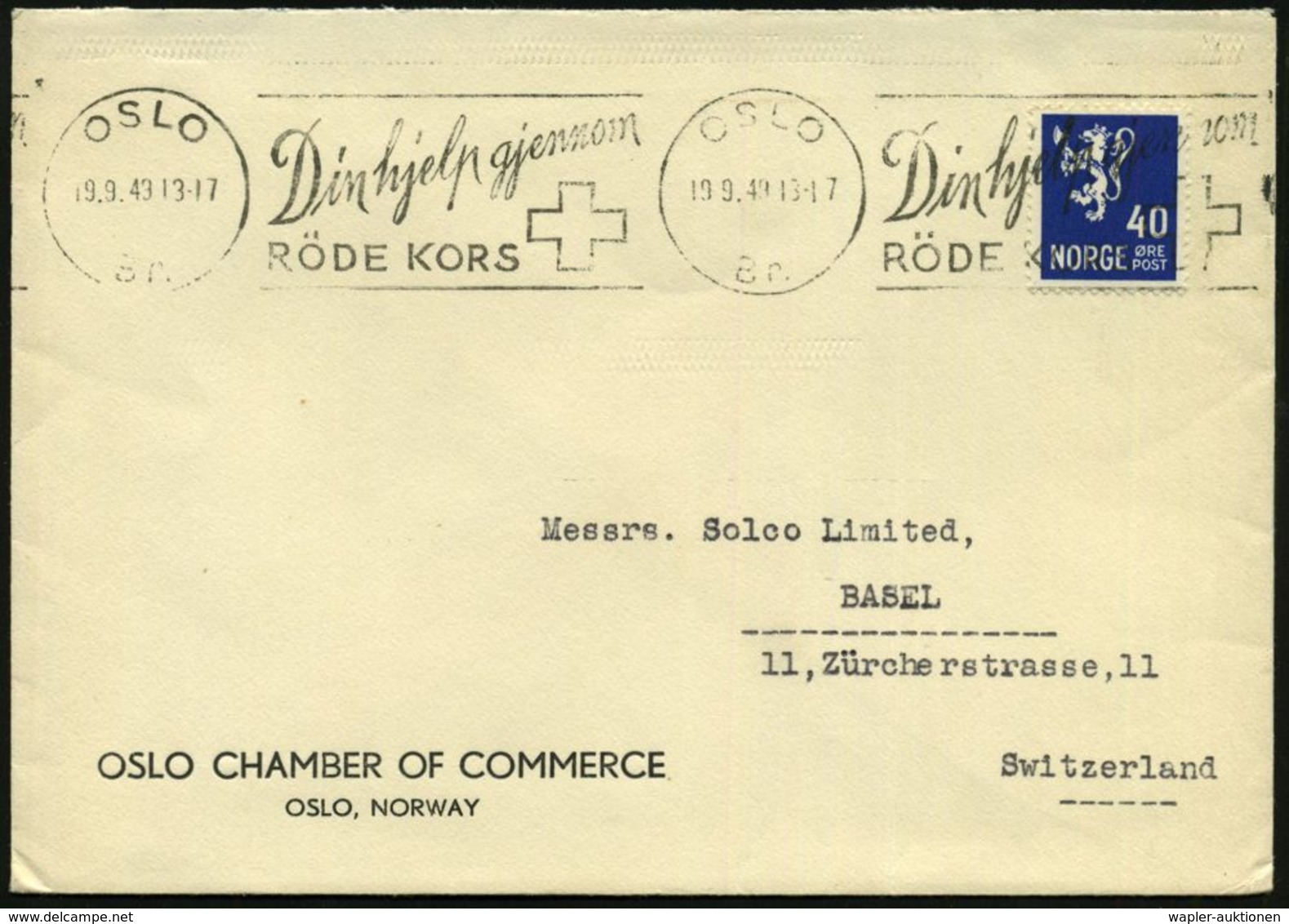 NORWEGEN 1949 (19.9.) BdMWSt: OSLO/Br./Din Hjelp Gjennom/RÖDE KORS (Kreuz) Klar Gest. Ausl.-Dienst-Bf.: OSLO CHAMBER OF  - Rotes Kreuz