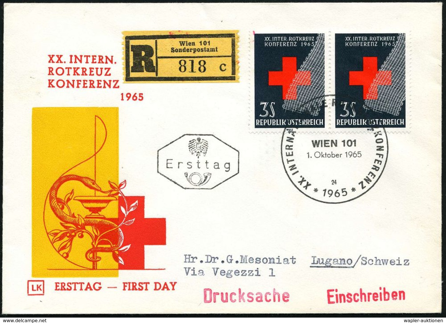 ÖSTERREICH 1965 (1.10.) 3 S. "20. Internat. Rotkreuz-Konferenz", Reine MeF: Paar + SSt: WIEN 101/XX. INT. R.K.-KONFERENZ - Rode Kruis