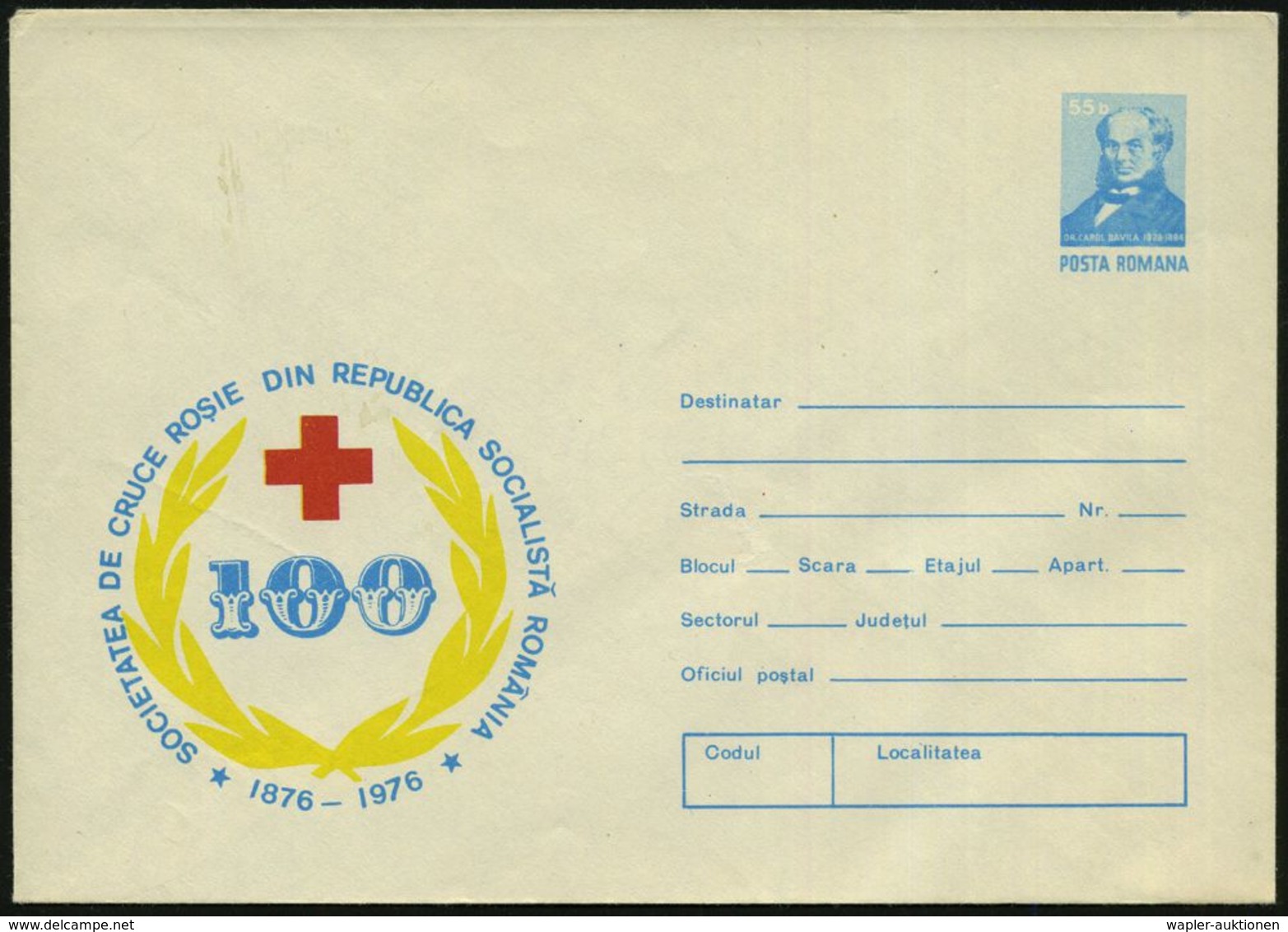 RUMÄNIEN 1976 55 B. Sonder-U "Dr. Carol Davila", Blau: "100 Jahre Rotes Kreuz Rumänien" (Dr. Davila = Gründer, Militärar - Rotes Kreuz