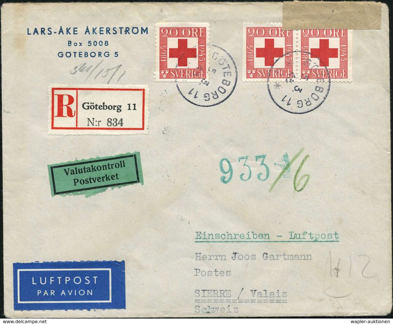 SCHWEDEN 1945 (5.3.) 80 Jahre Schwed. R.K., 20 Öre, Reine MeF + Seltener Zensur 1-K: Zensurstelle/b/Geprüft = Gestapo-Tr - Rode Kruis