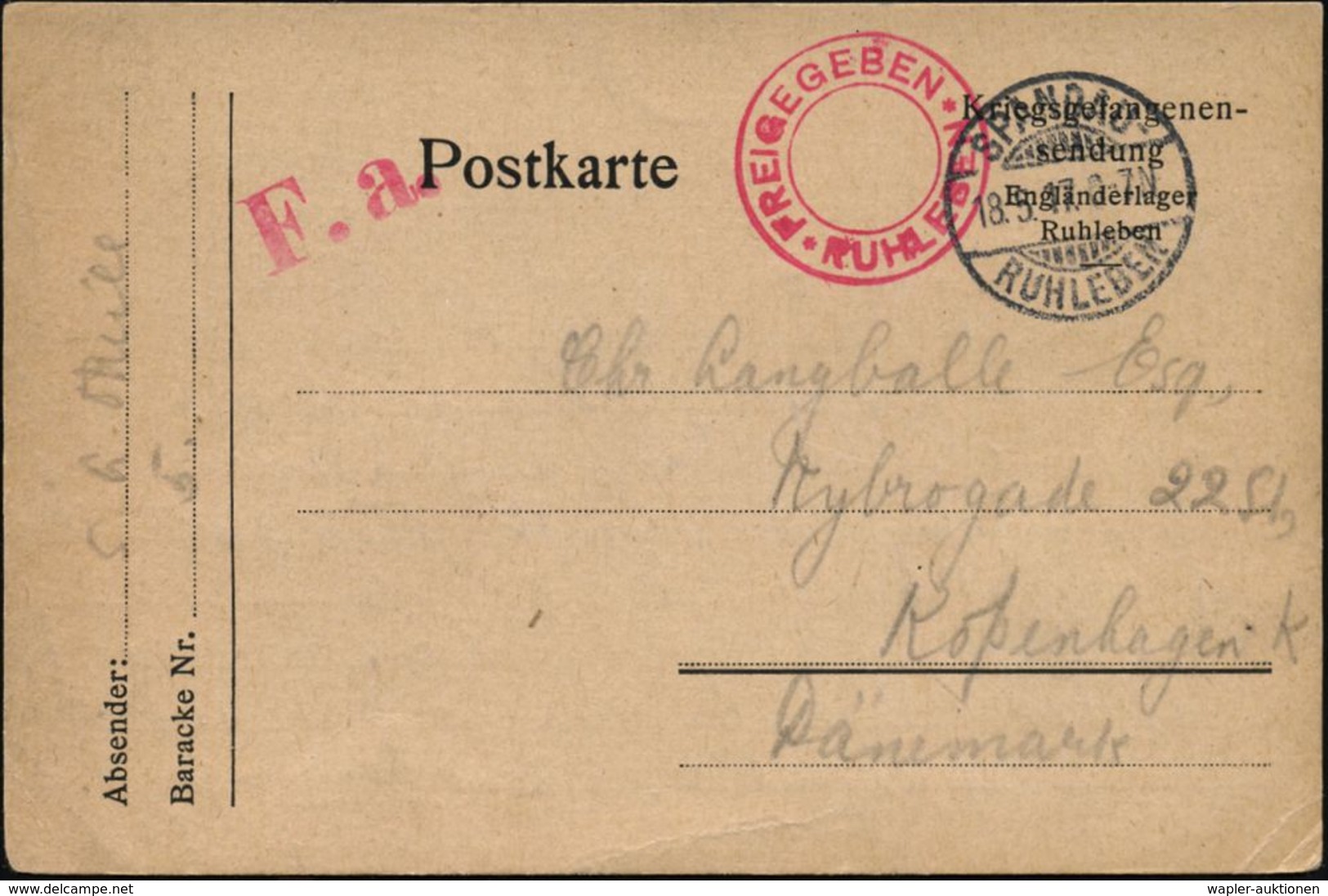 Berlin-Ruhleben 1917 (18.5.) 1K-Gitter: SPANDAU-/RUHLEBEN + Roter 2K: FREIGEGEBEN/RUHLEBEN + F.a. (= Fristgemäß Abgefert - Rode Kruis