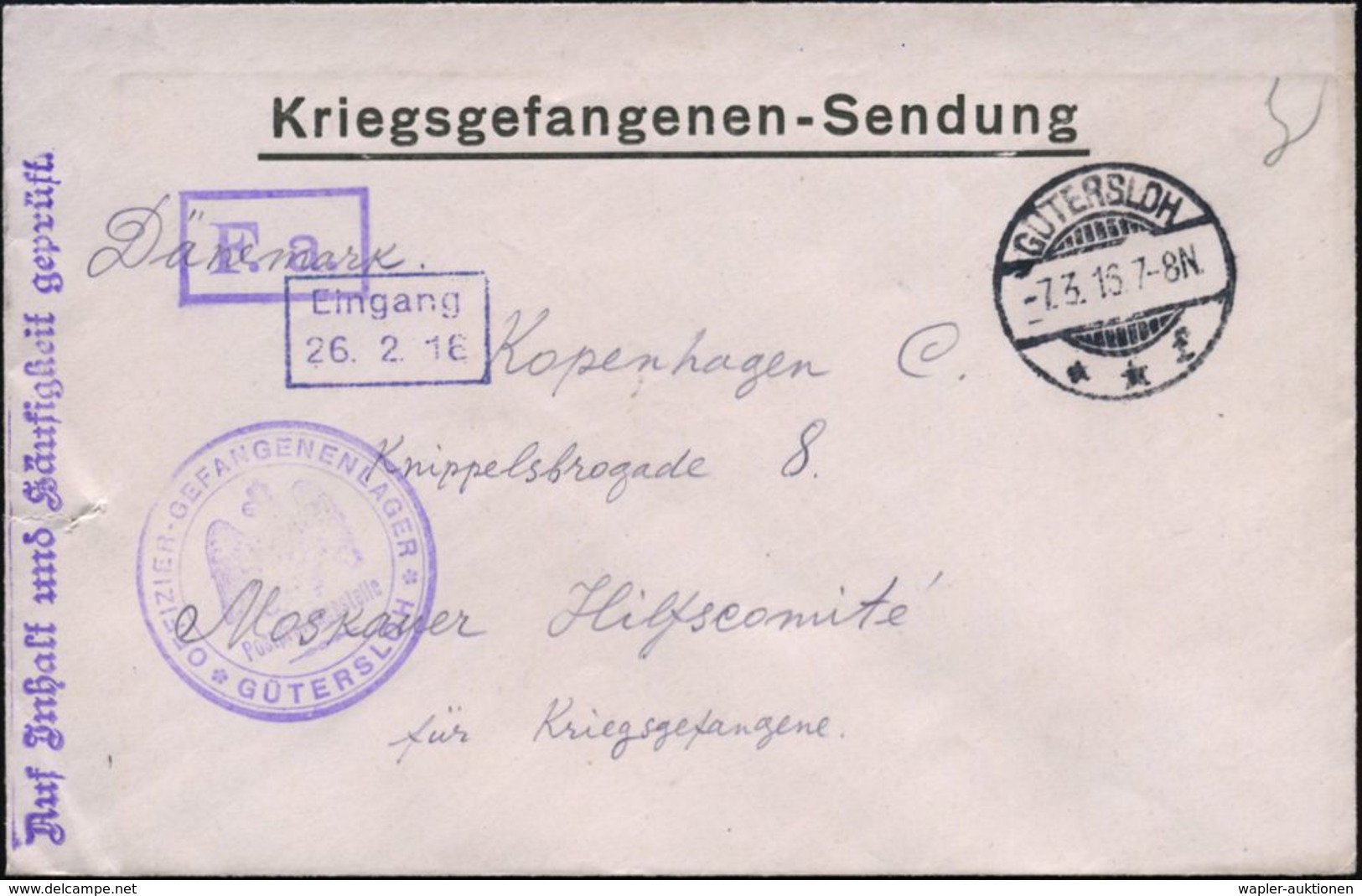 GÜTERSLOH/ **f 1916 (7.3.) 1K-Gitter + Viol. 3K-HdN: OFFIZIER-GEFANGENENLAFER/Postprüfungsstelle.. + Ra.: F.a. (= Frist- - Croce Rossa