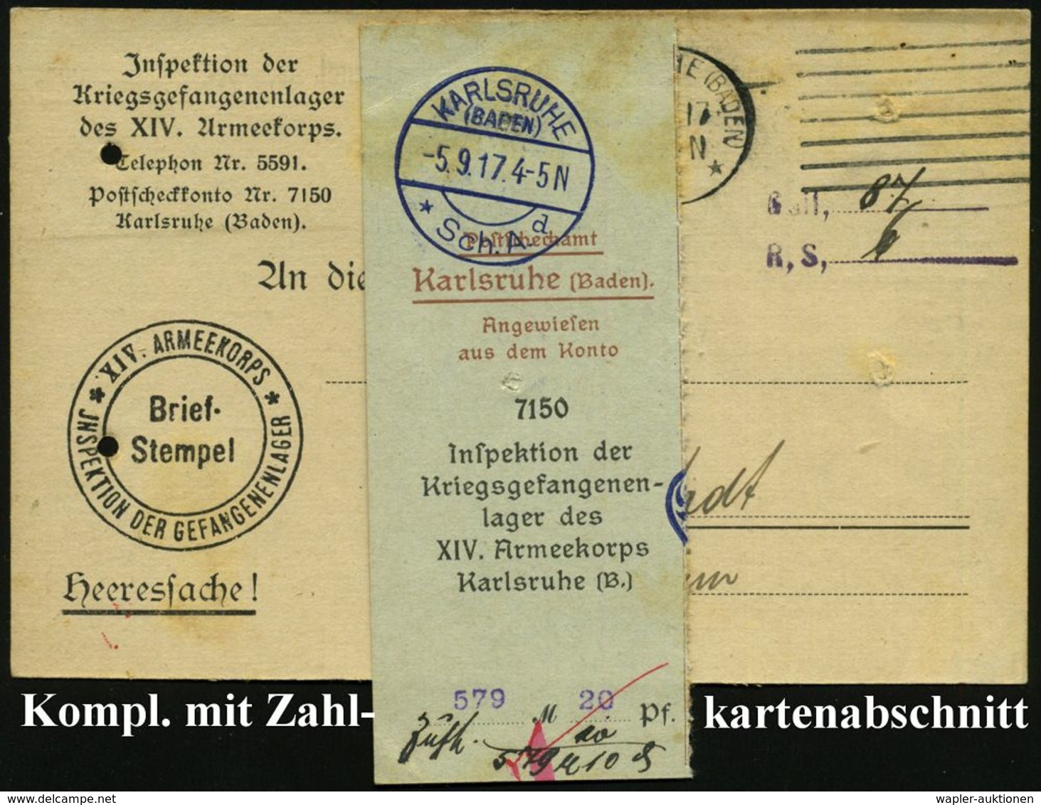 KARLSRUHE/ *(BADEN)1 1916 (31.7.) 1K-Steg Auf Vordr-Kt: Inspektion Der Kriegsgefangenen-Lager Des XIV. Armeekoprs . Rs.V - Rode Kruis