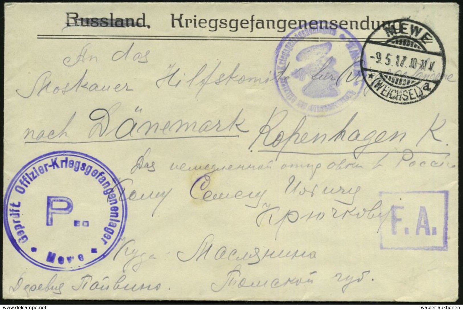 MEWE/ *(WEICHEL)/ A 1917 (9.5.) 1K-Gitter + Viol. 2K-HdN: Geprüft Offizier -Kriegsgefannenlager/Mewe (Wo.96 D, + 50 Pkte - Croce Rossa