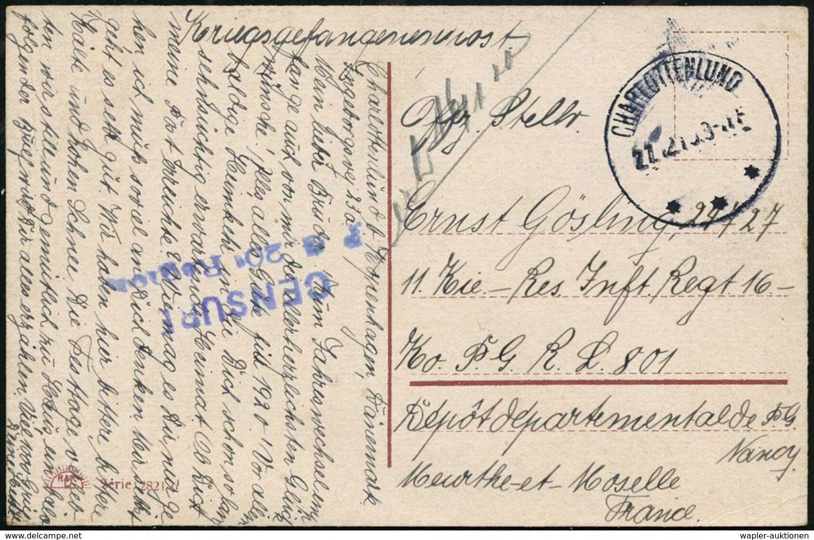 DÄNEMARK 1919 (27.12.) 1K: CHARLOTTENLUND/*** + Viol. 2L: CENSURE/P. G. 20° Region , Portofreie Ausl.-Zensur-Nachkriegs- - Rode Kruis