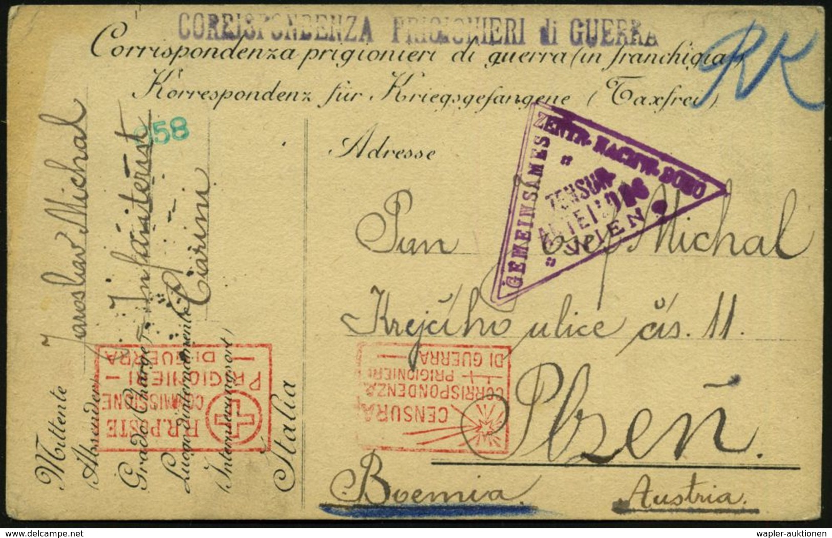 ITALIEN /  ÖSTERREICH 1916 (9.12.) Kgf.-Vordr.-Kt Eines Tschechen In Ital. Lager!, Roter R.K.-Ma.St: CENSURA/ CORRISP./  - Rode Kruis